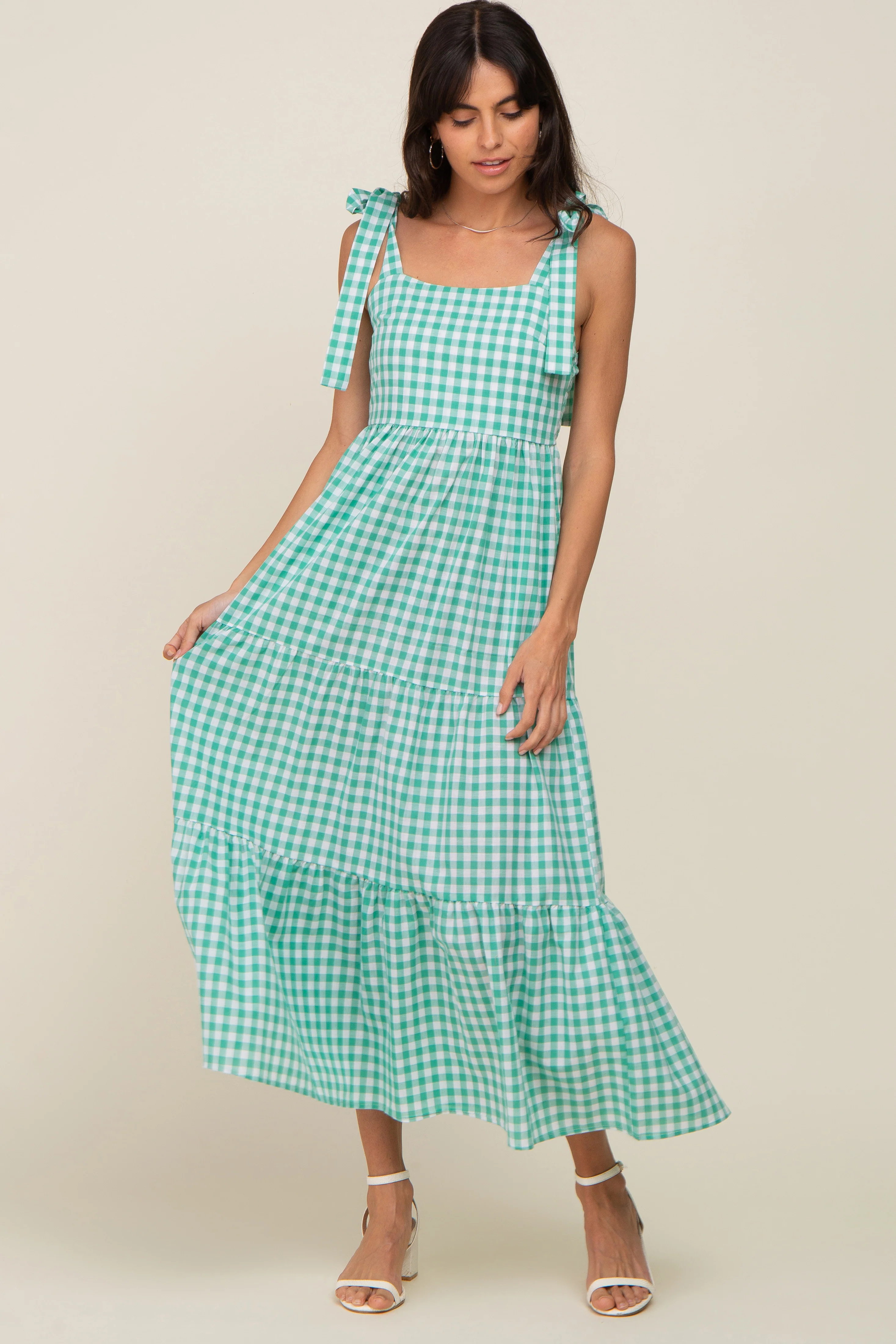 Green Checkered Sleeveless Tiered Maternity Maxi Dress - Image 5