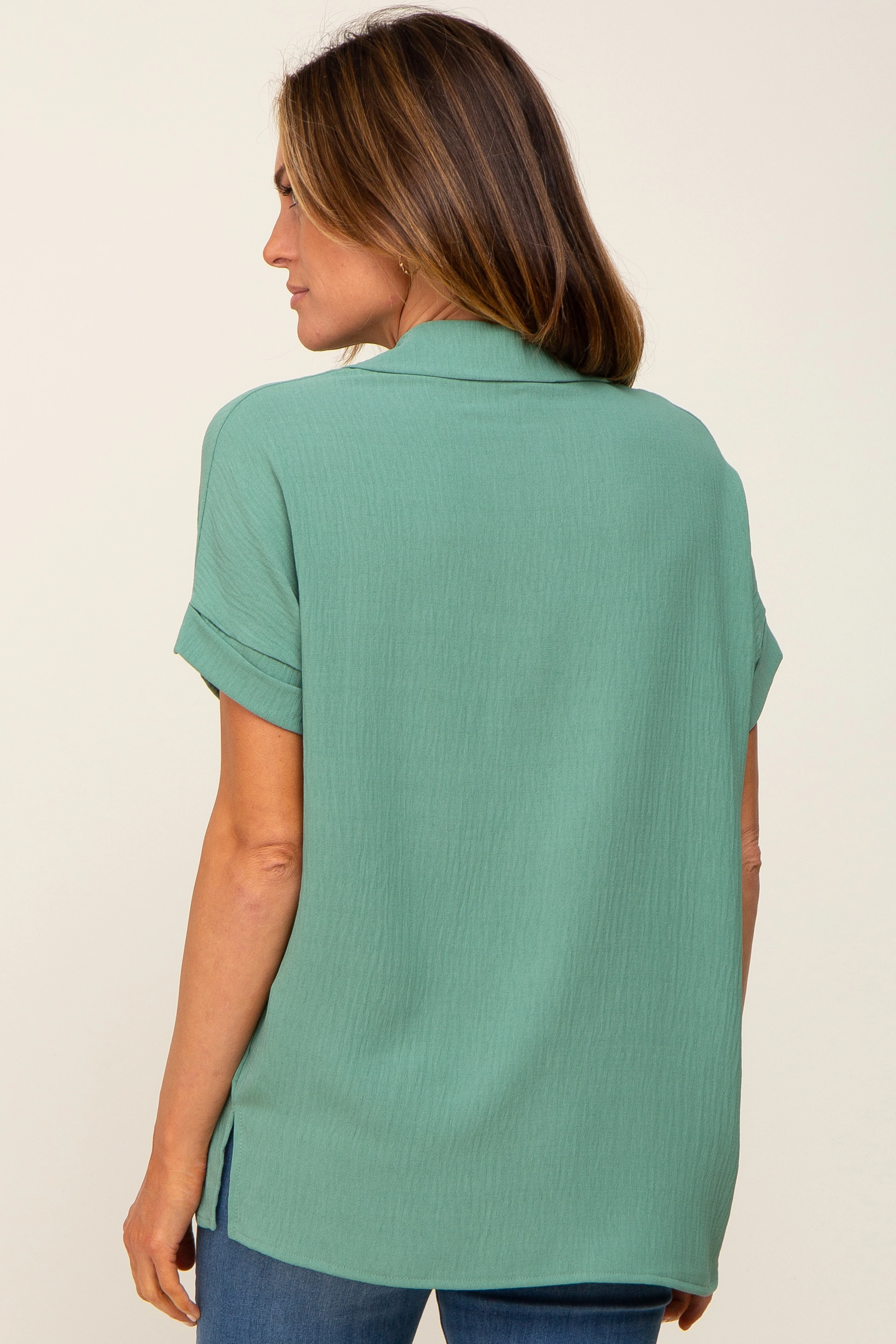 Green Collared Button-Down Short Sleeve Blouse - Image 3