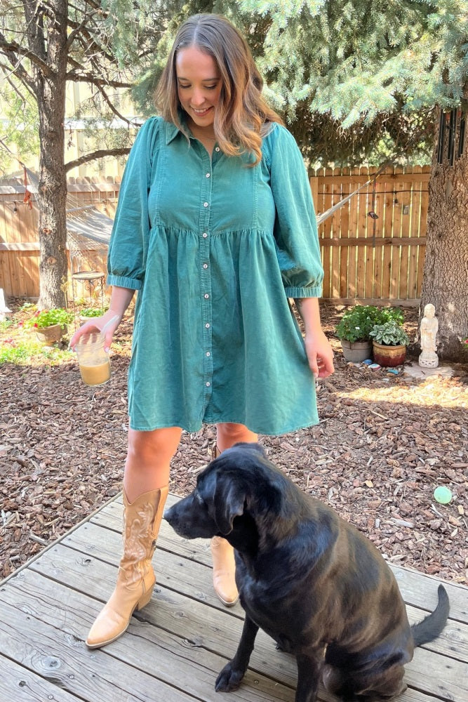 Green Corduroy Button Down Collared Dress - Image 8
