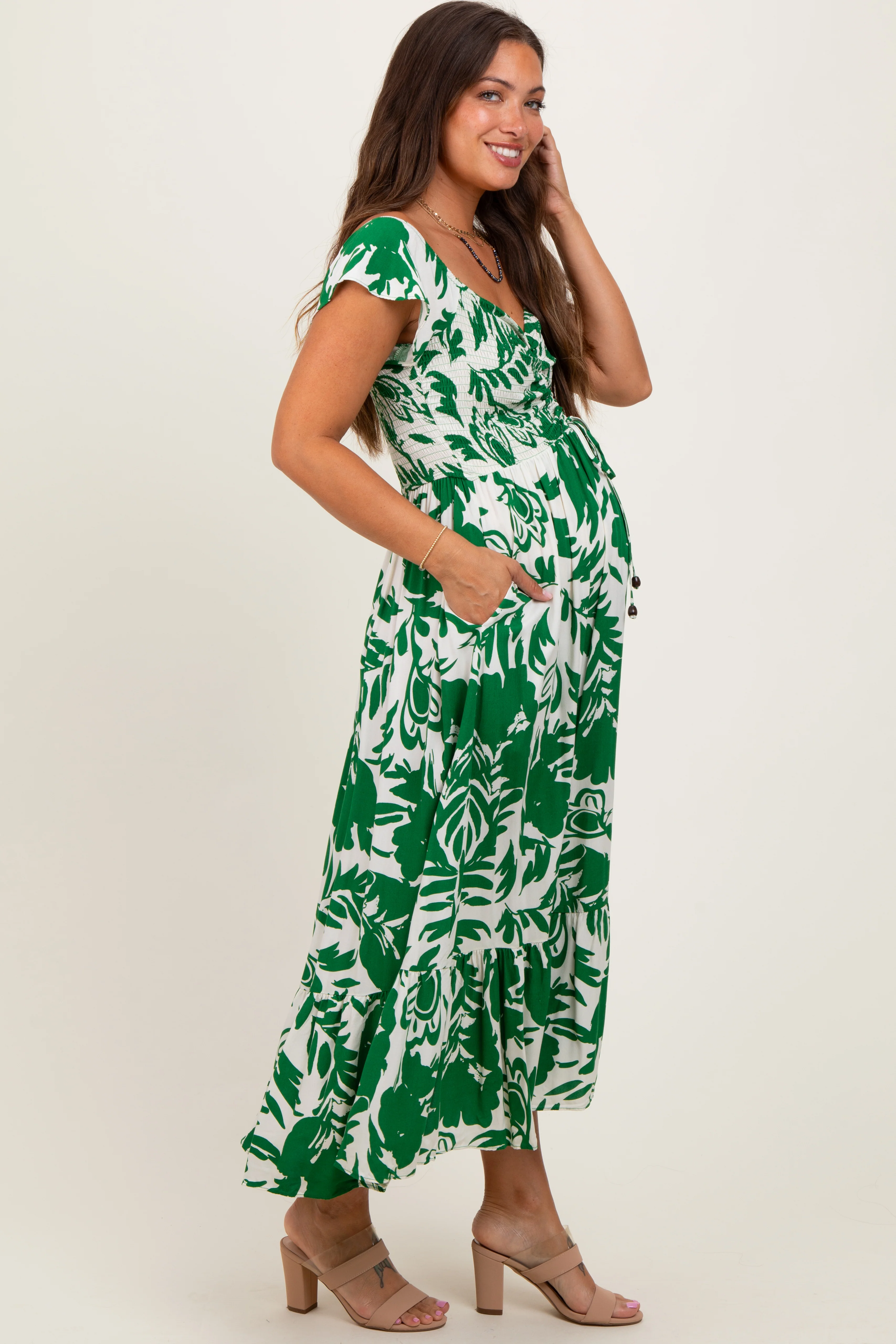 Green Cream Smocked Top Maternity Midi Dress - Image 3