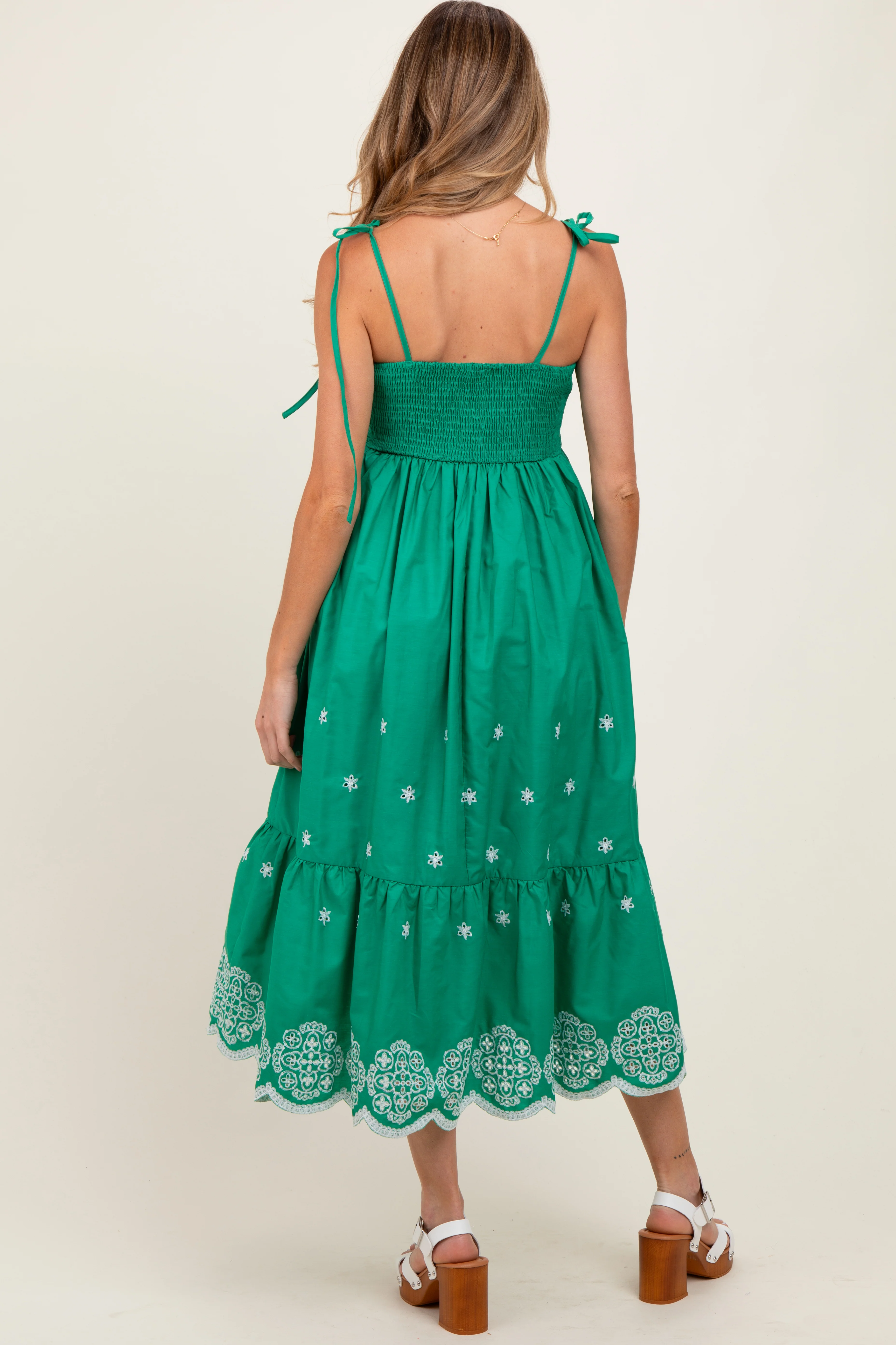 Green Embroidered Shoulder Tie Maternity Midi Dress - Image 3