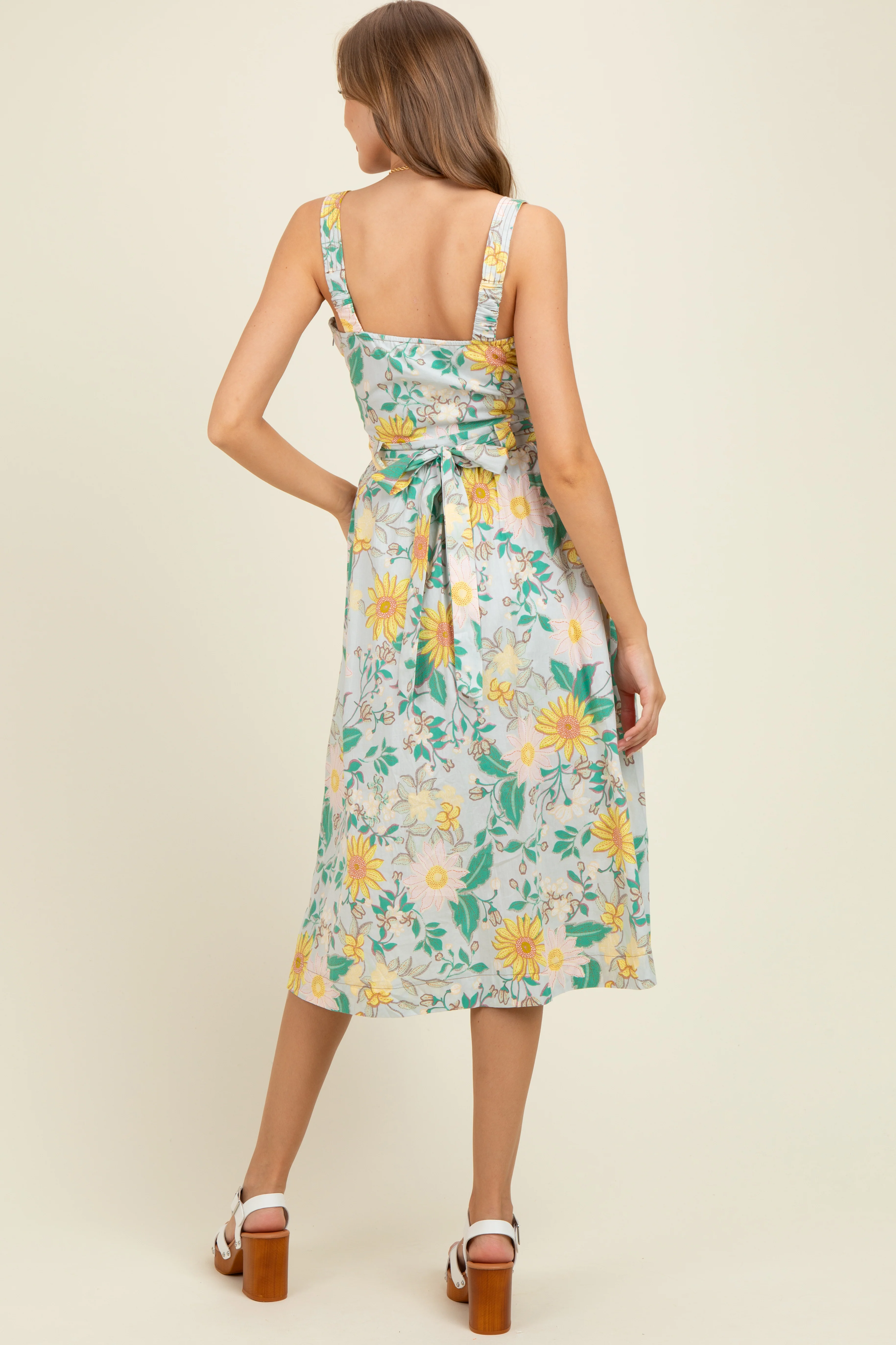 Green Floral Button Front Sash Tie Maternity Midi Dress - Image 4