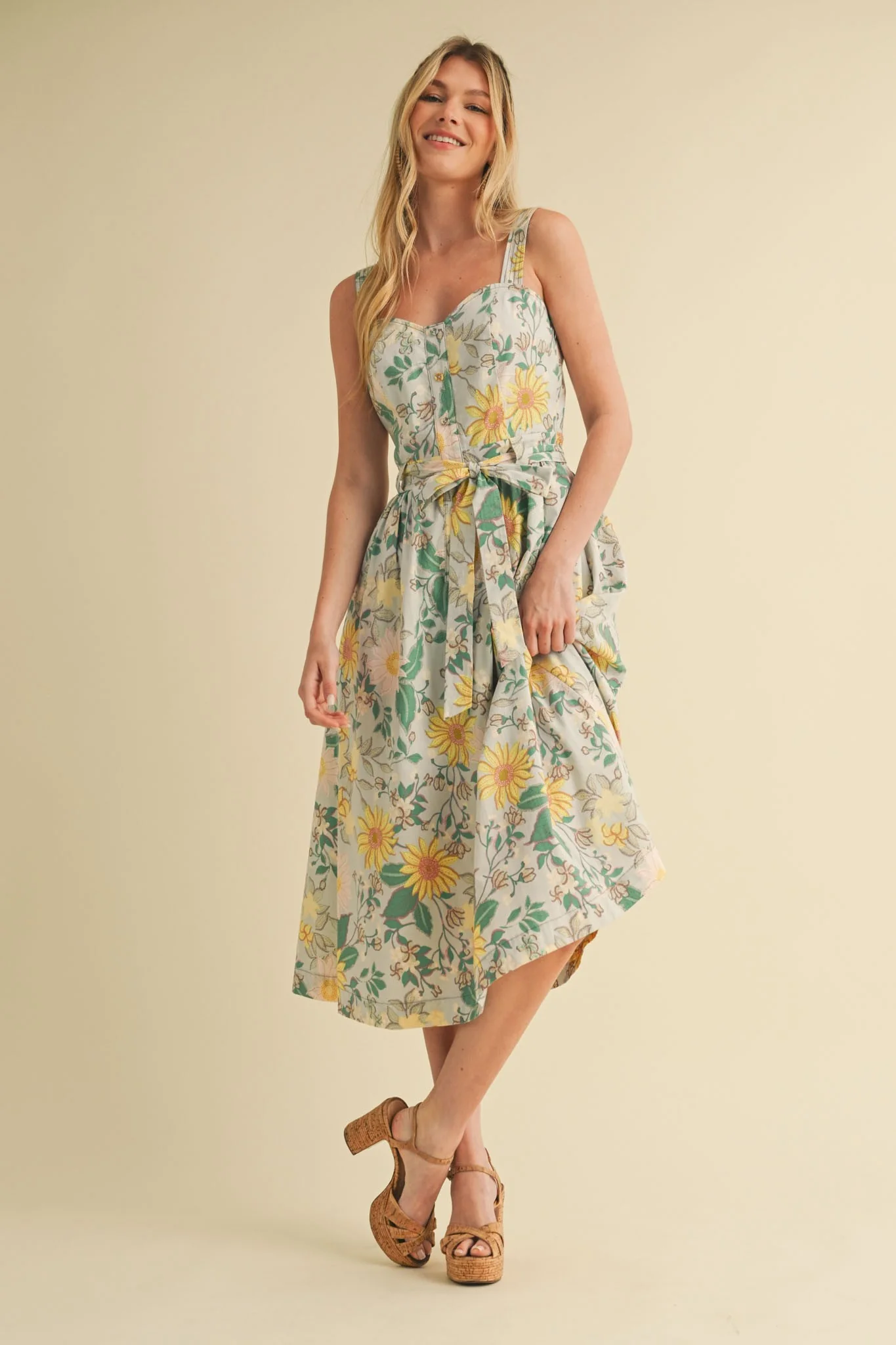 Green Floral Button Front Sash Tie Midi Dress - Image 2
