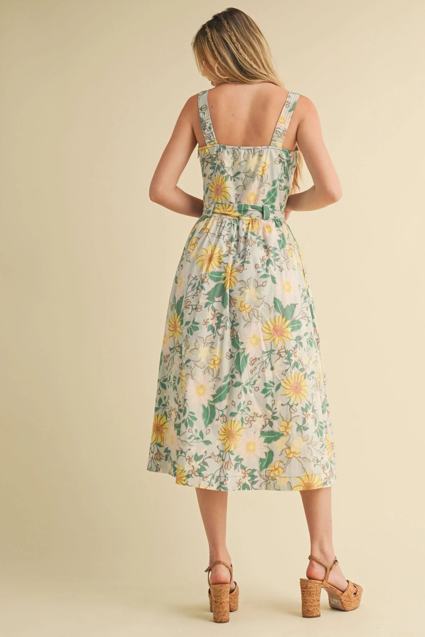 Green Floral Button Front Sash Tie Midi Dress - Image 4