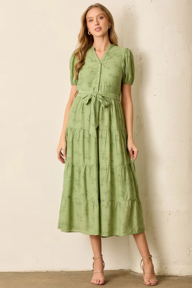 Green Floral Button Front Tiered Maternity Midi Dress - Image 5