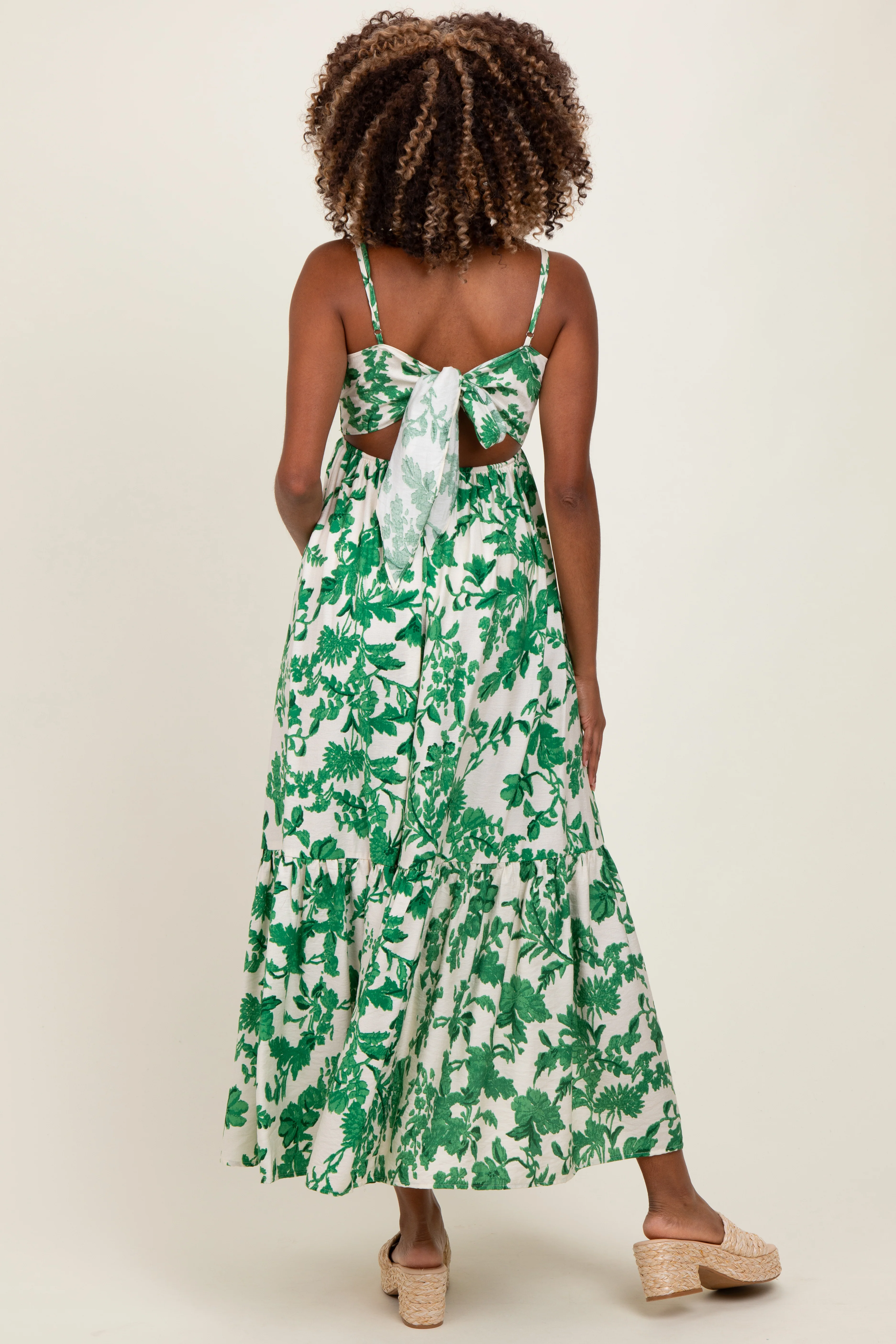 Green Floral Cutout Tie Back Maternity Maxi Dress - Image 3