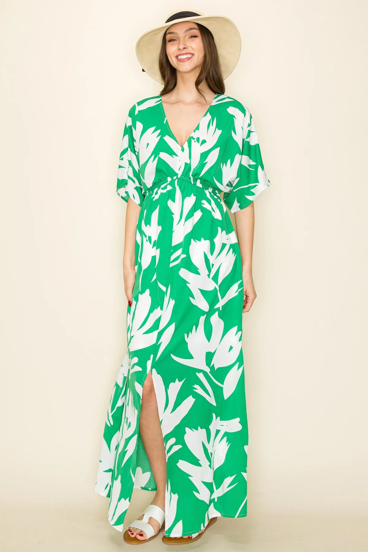 Green Floral Double V-Neck Front Slit Maxi Dress - Image 2