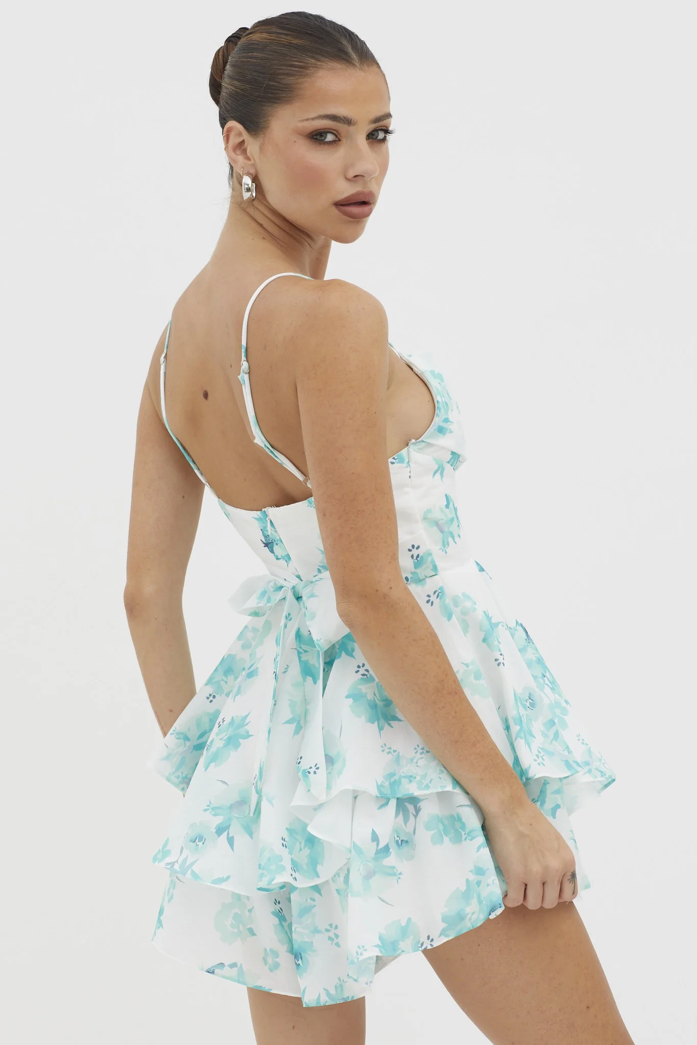 Green Floral Print Cowl Neck Tiered Skirt Mini Dress - Image 2