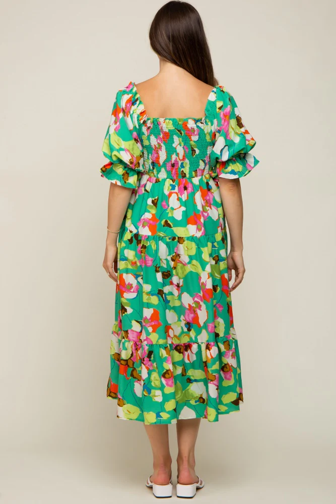 Green Floral Puff Sleeve Maternity Midi Dress - Image 4