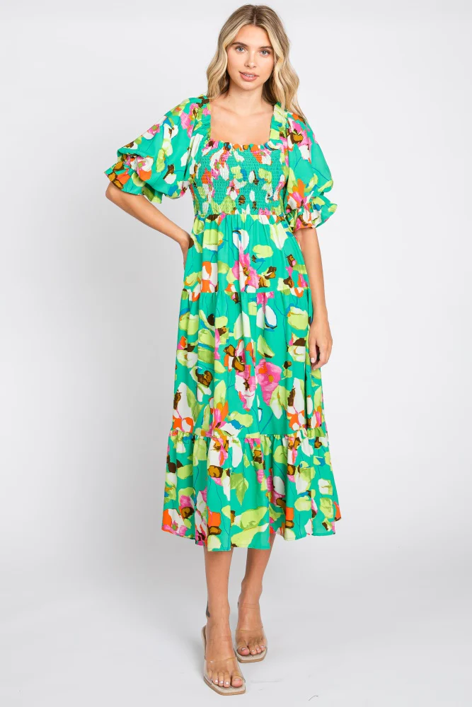 Green Floral Puff Sleeve Maternity Midi Dress - Image 5