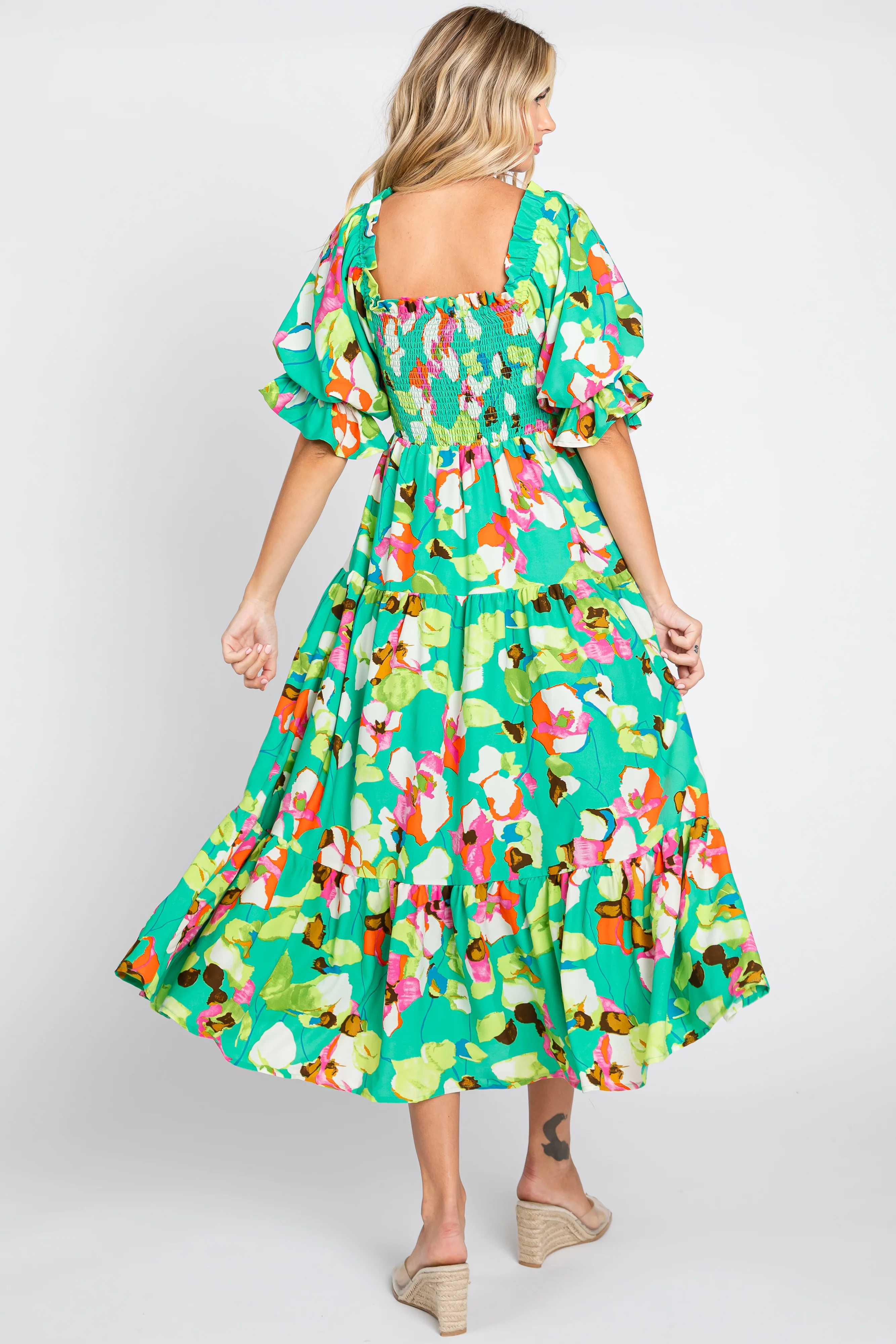 Green Floral Puff Sleeve Midi Dress - Image 3