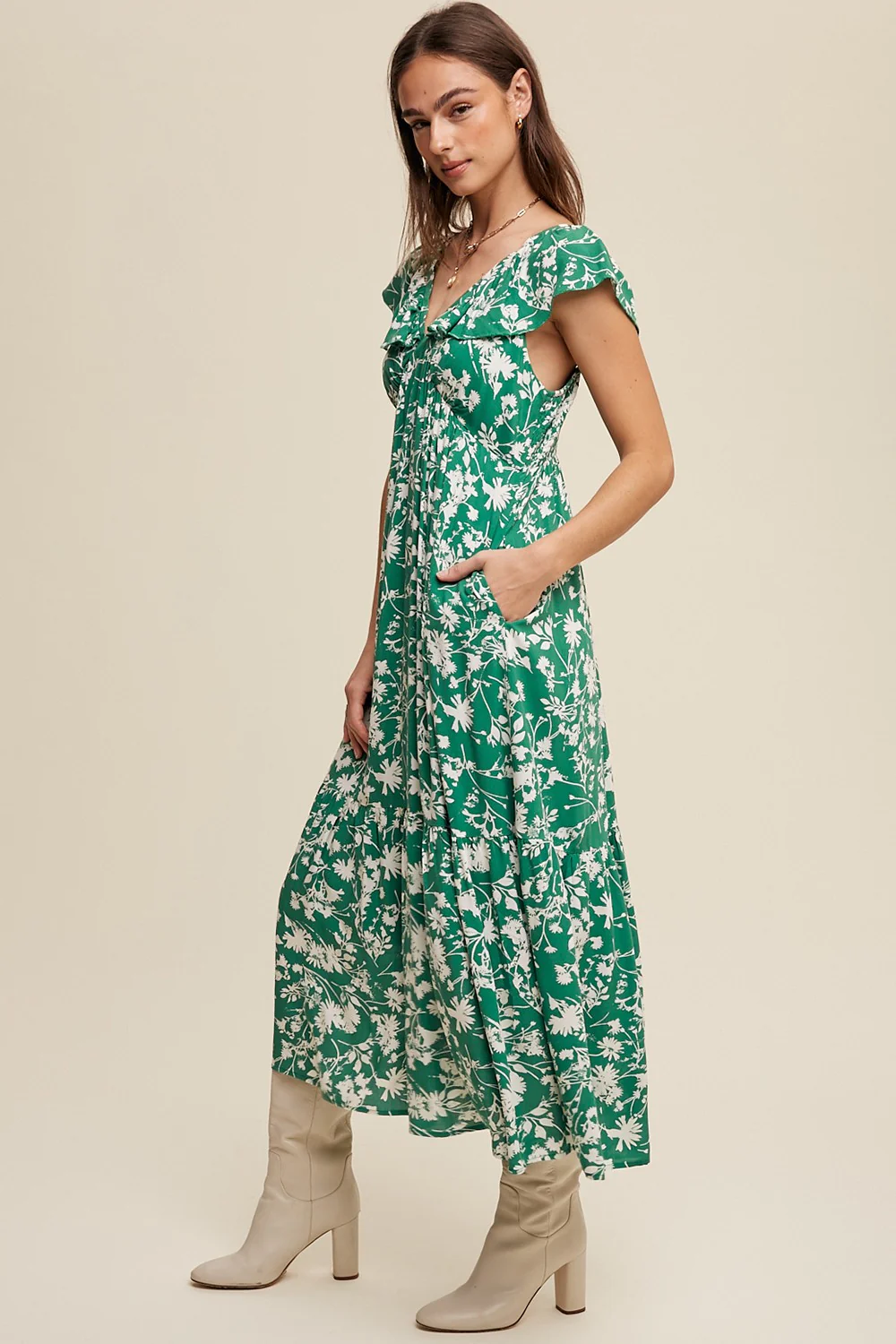 Green Floral Ruffle Midi Dress - Image 3