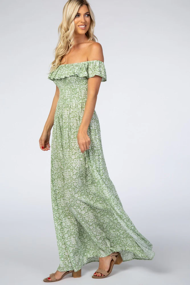 Green Floral Ruffle Off Shoulder Maxi Dress - Image 2
