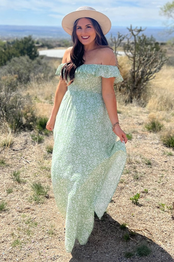 Green Floral Ruffle Off Shoulder Maxi Dress - Image 6