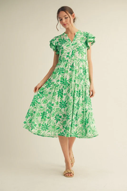 Green Floral Ruffle Sleeve Tiered Maternity Midi Dress - Image 5