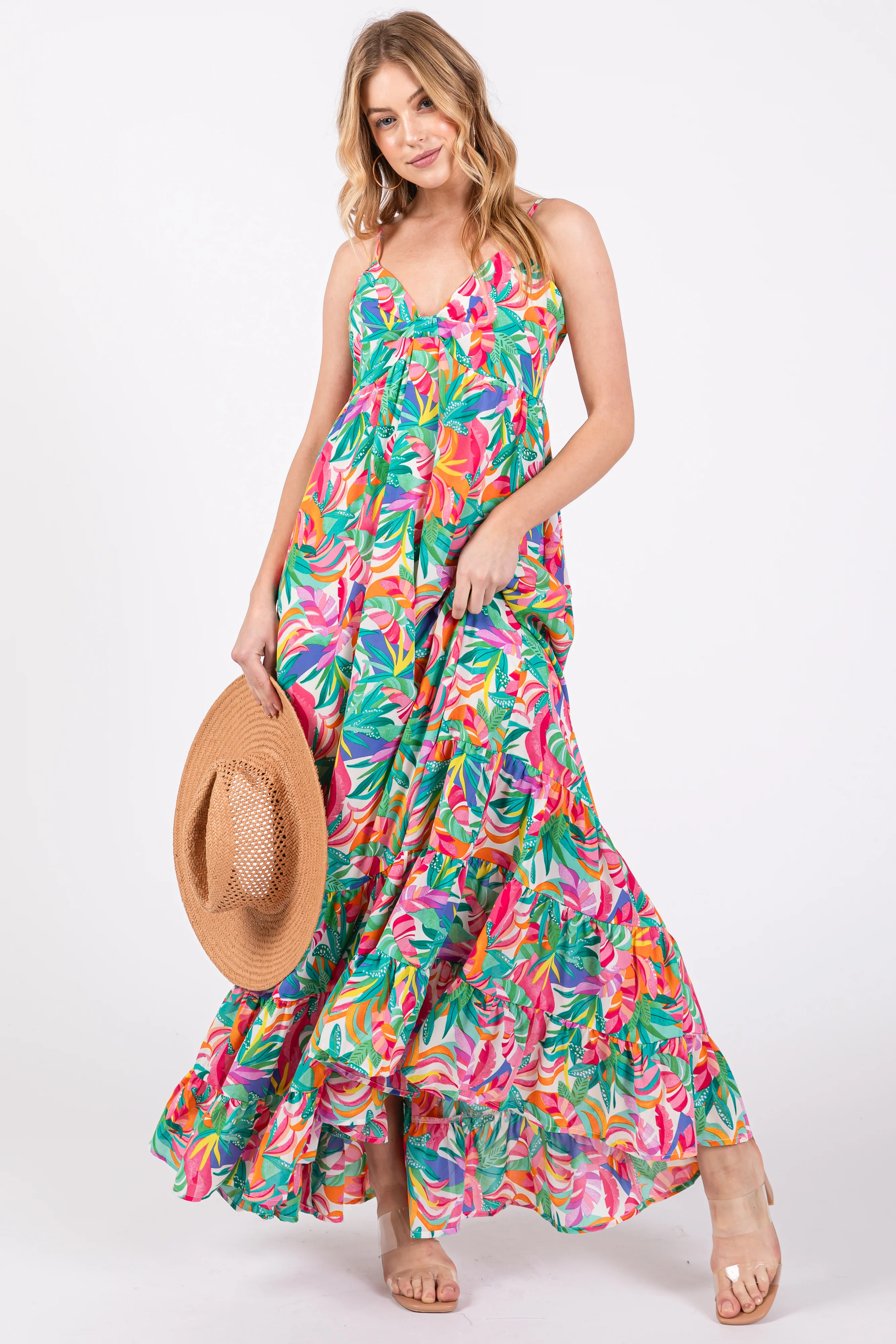 Green Floral Sleeveless Ruffle Hem Maternity Maxi Dress - Image 4