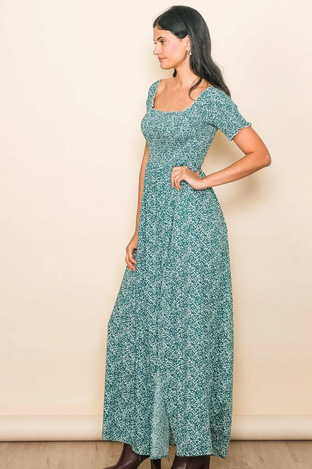 Green Floral Smocked Fitted Sleeve Side Slit Maxi Dress - Image 2