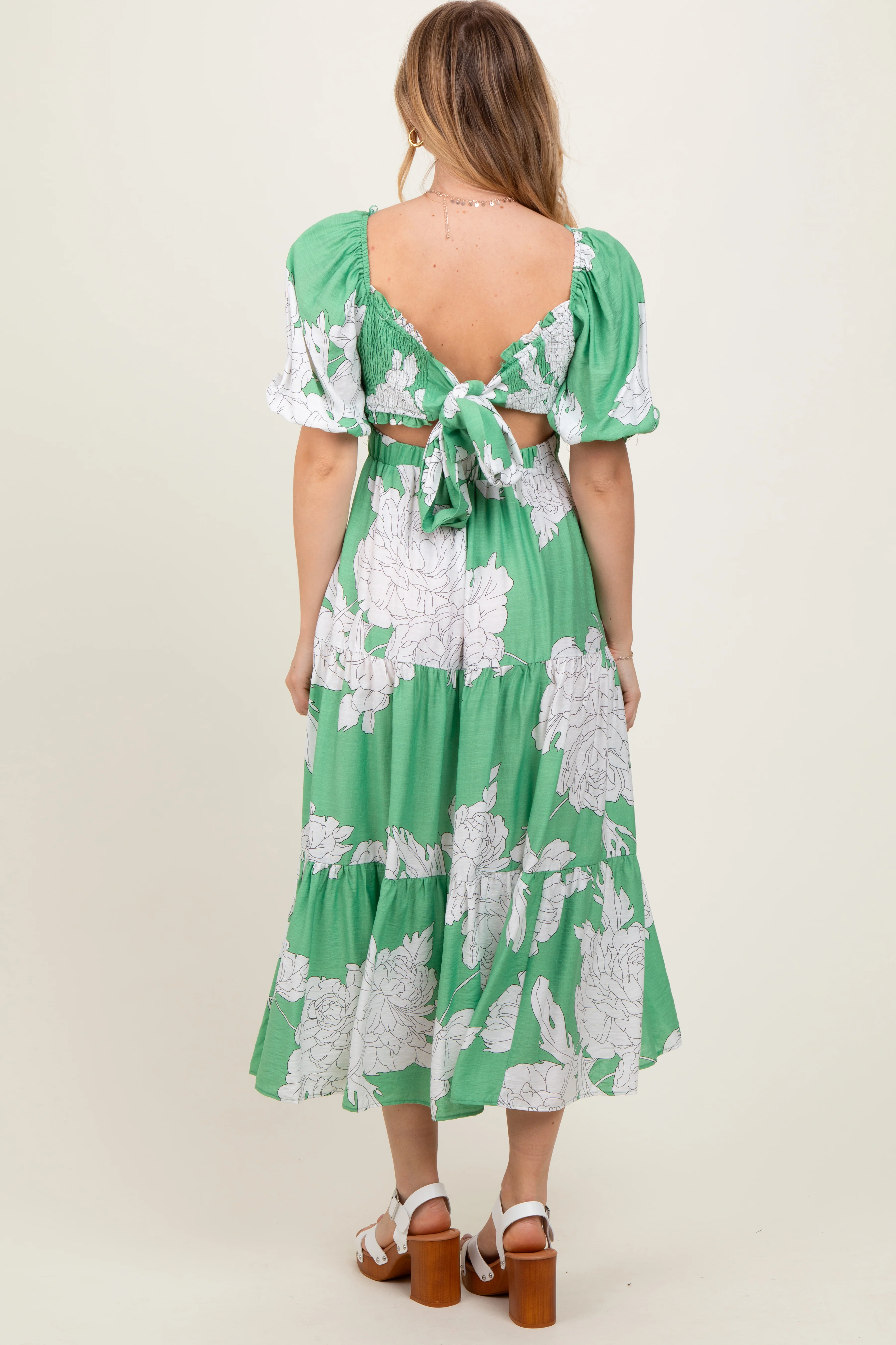 Green Floral Smocked Front Tie Cutout Maxi Dress - Image 4
