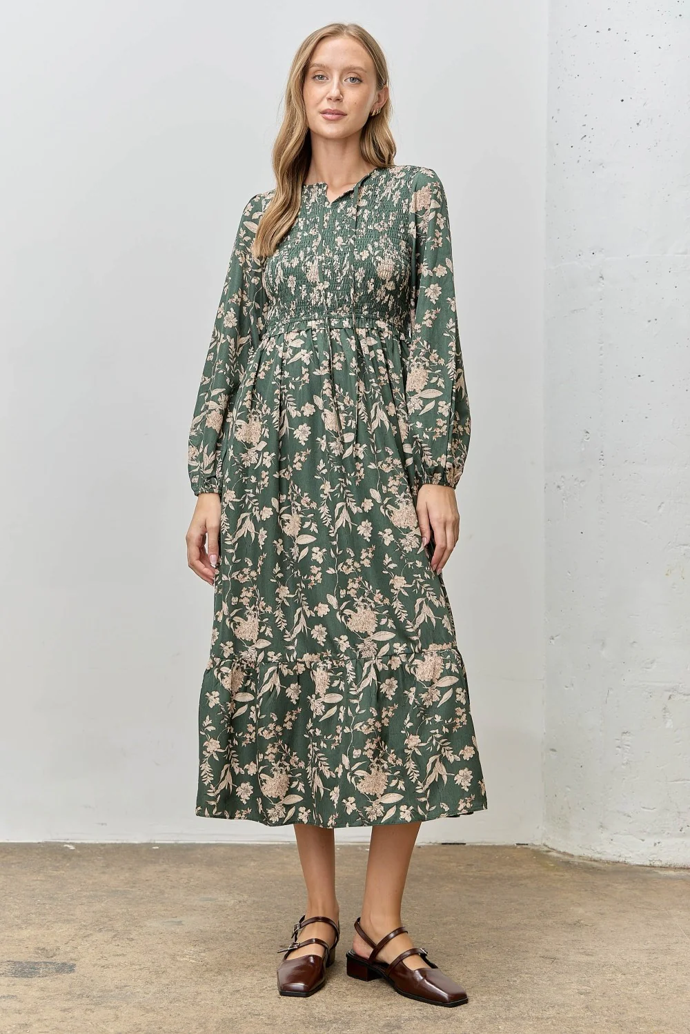 Green Floral Smocked Long Sleeve Maternity Midi Dress - Image 4