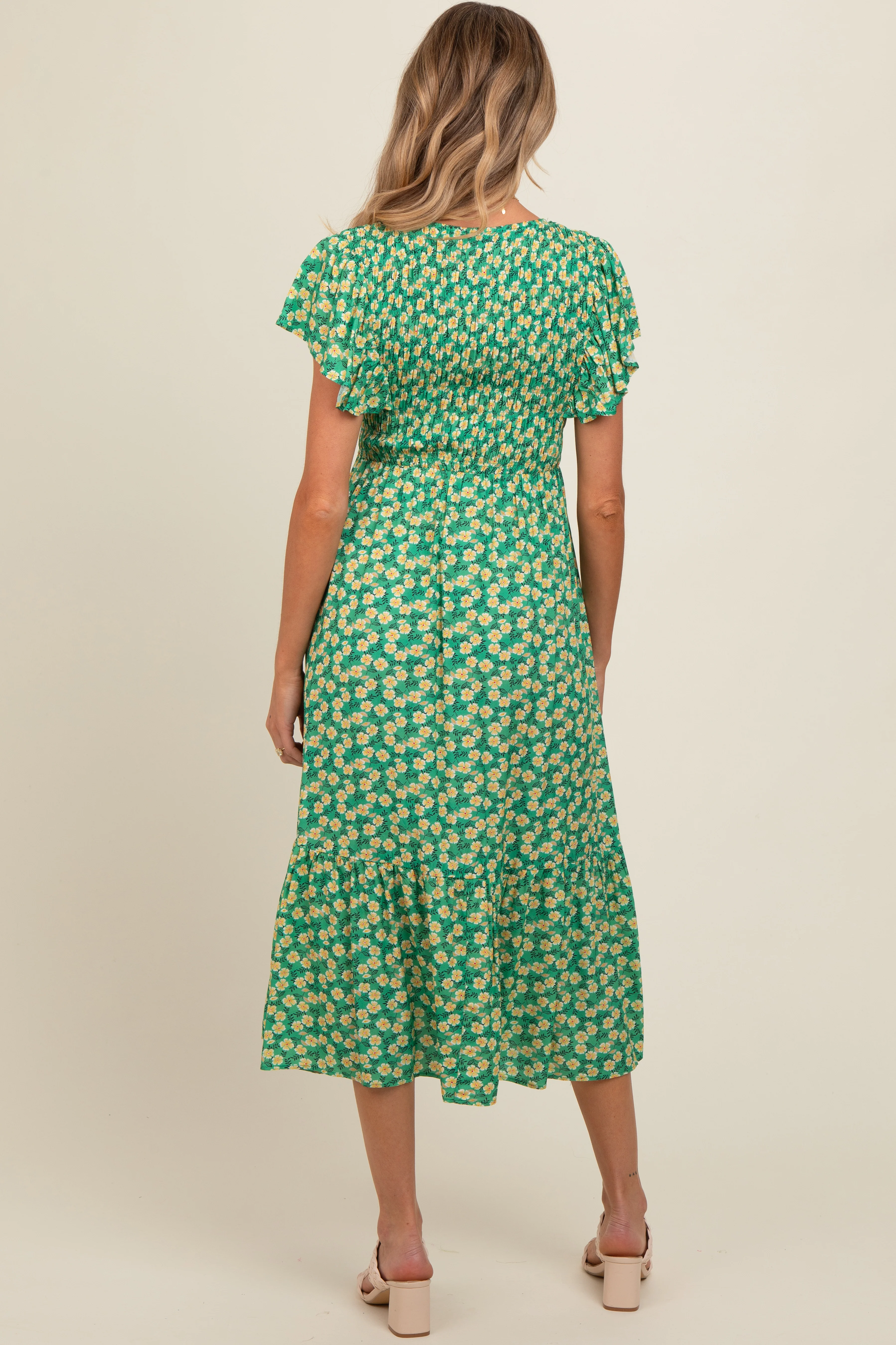 Green Floral Smocked Maternity Midi Dress - Image 4