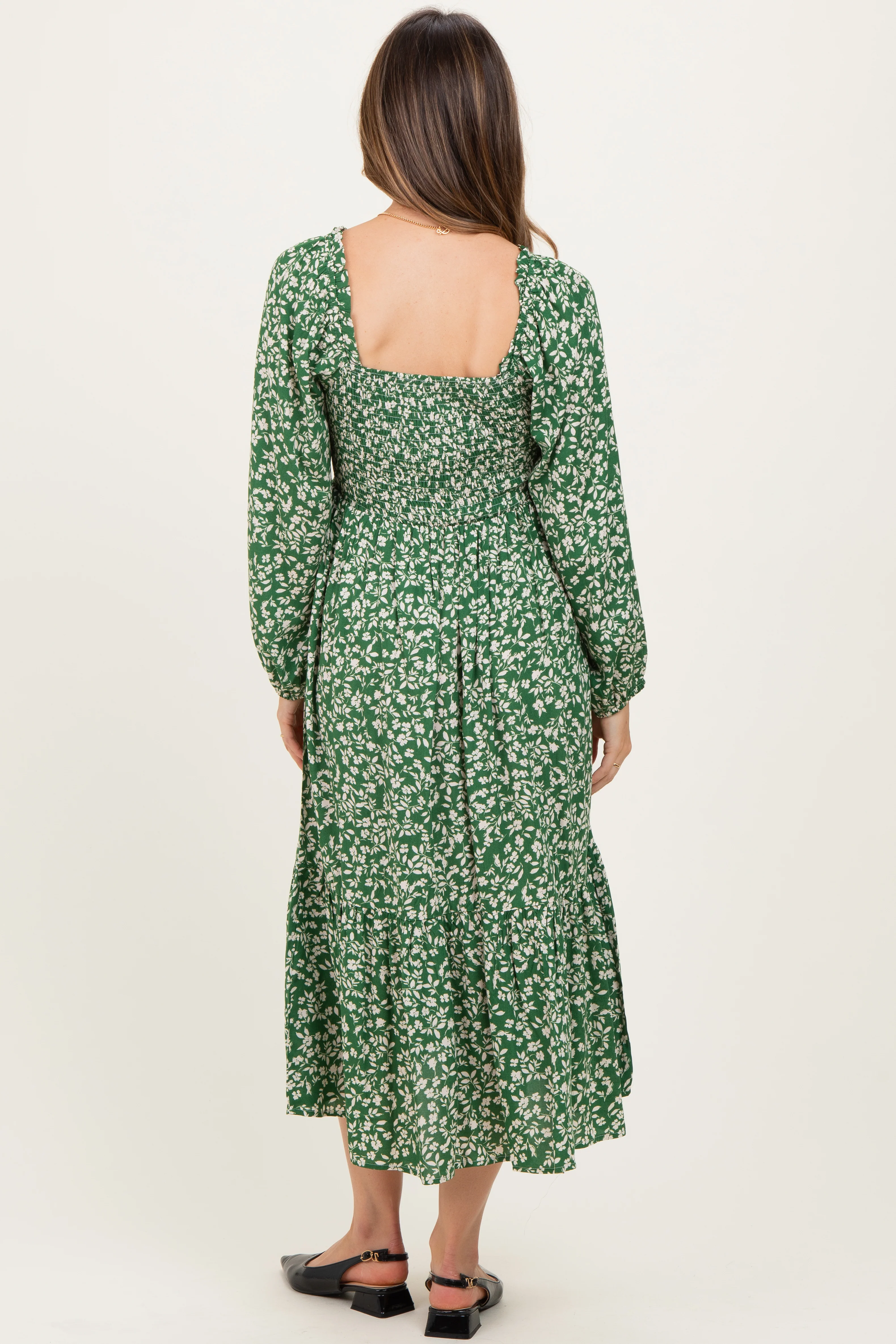 Green Floral Square Neck Maternity Maxi Dress - Image 4