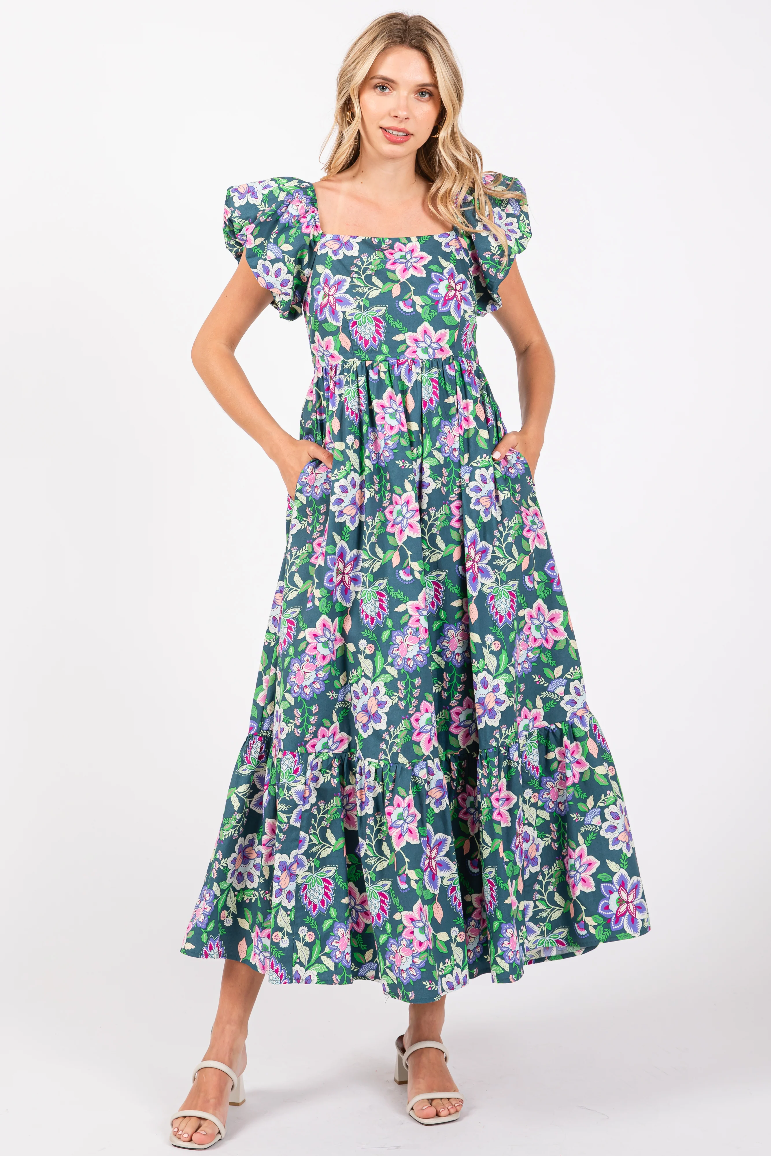 Green Floral Square Neck Puffy Sleeves Maternity Dress - Image 4