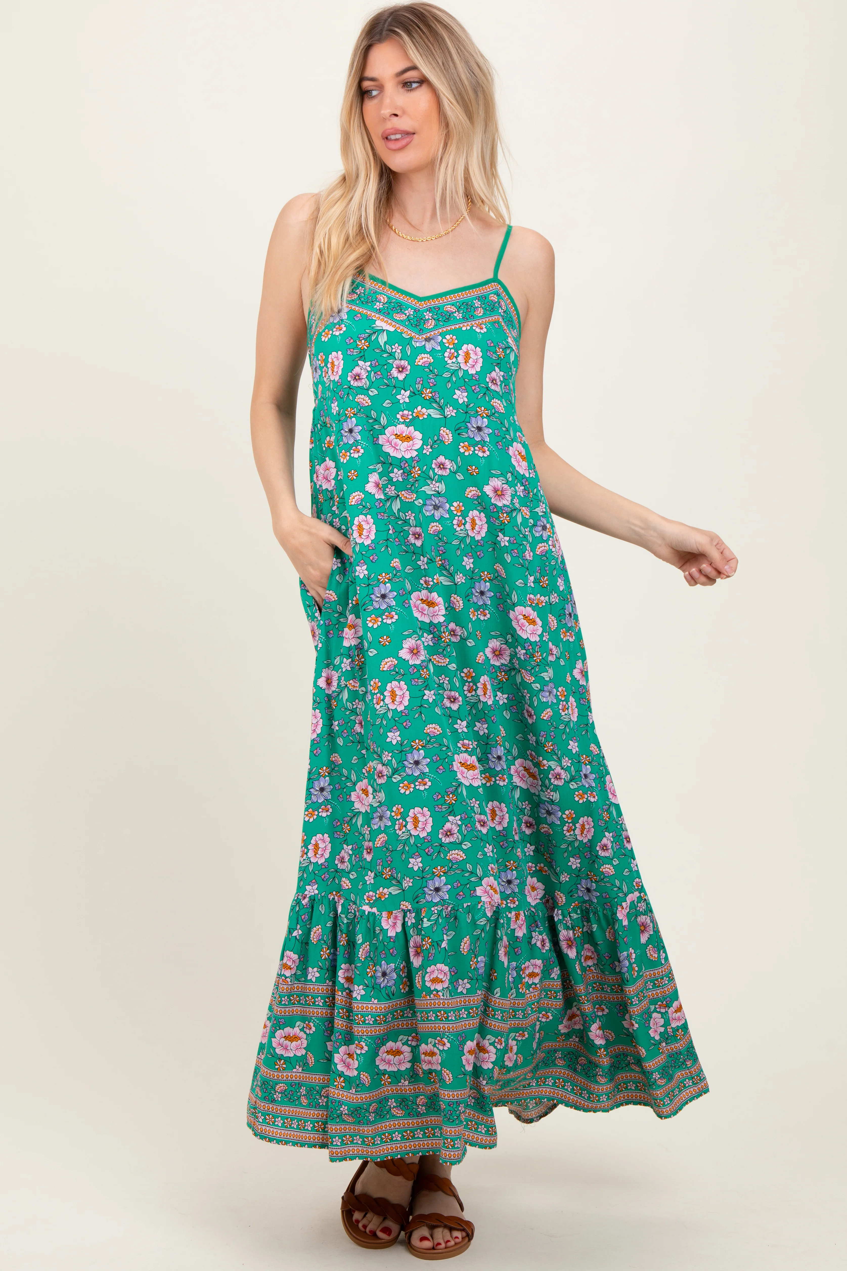 Green Floral Tie Back Maxi Dress - Image 2