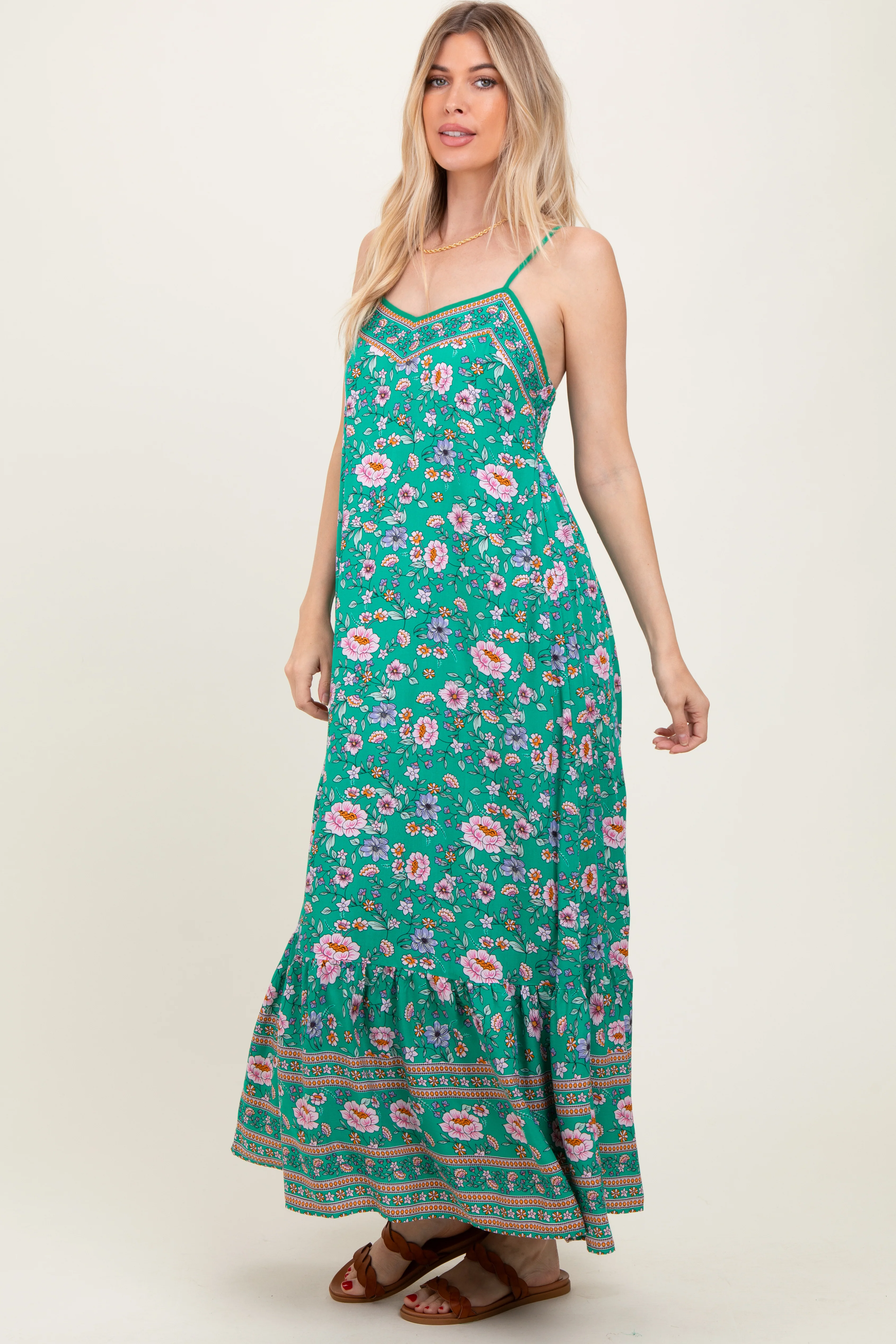 Green Floral Tie Back Maxi Dress - Image 3
