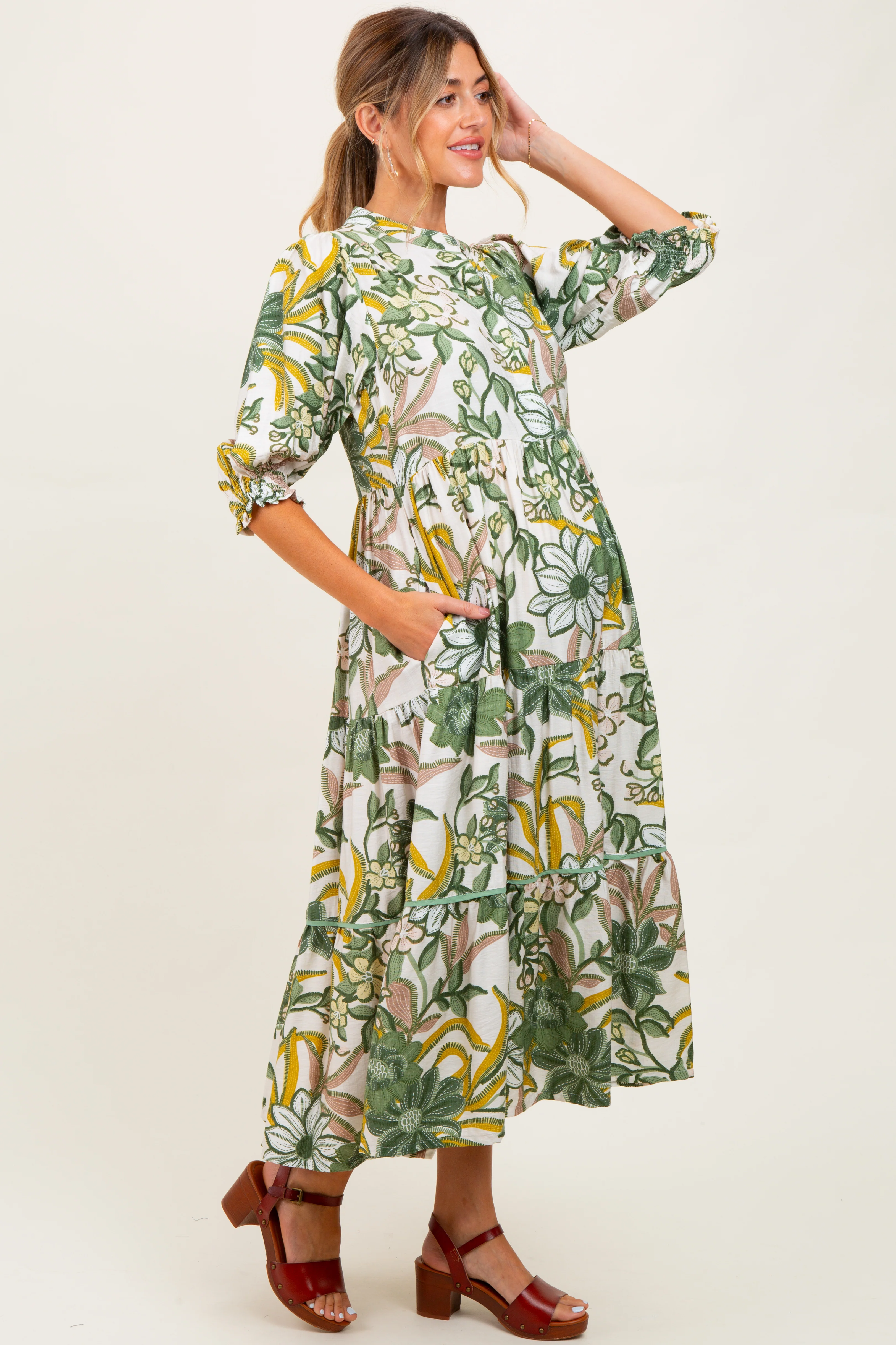 Green Floral Tiered Short Sleeve Maternity Midi Dress - Image 3