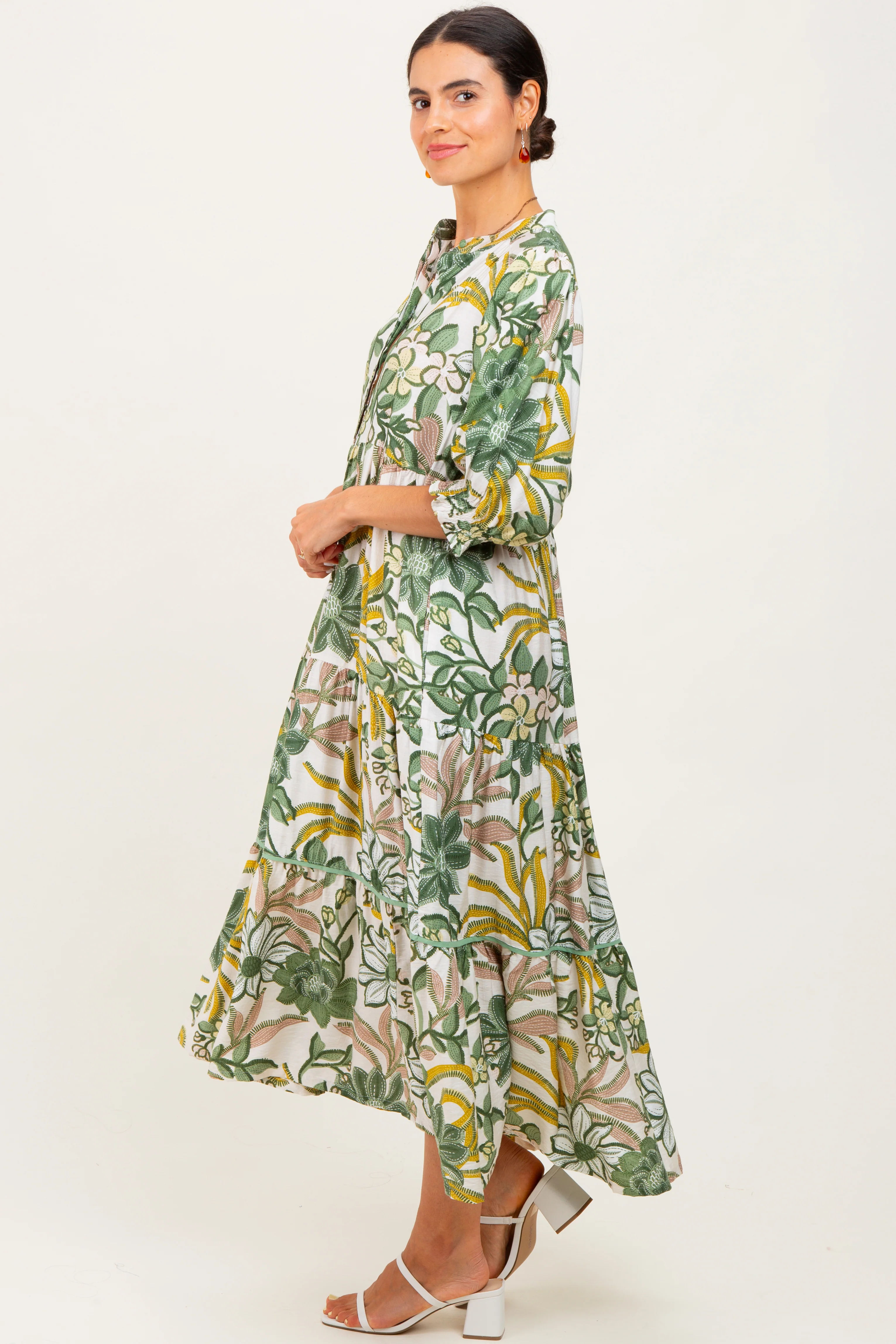 Green Floral Tiered Short Sleeve Midi Dress - Image 3