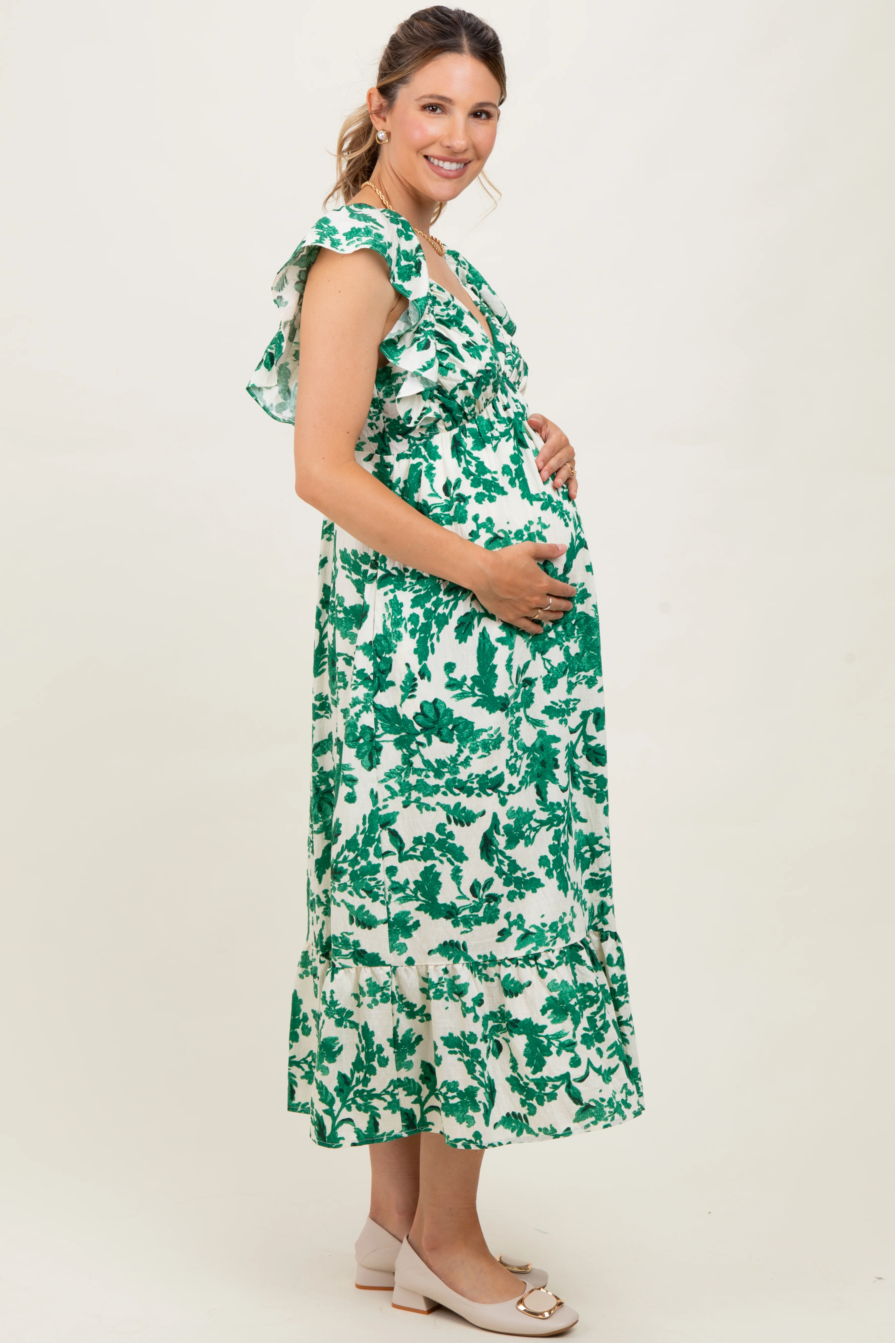 Green Floral V-Neck Flutter Sleeve Maternity Midi Dress - Image 3