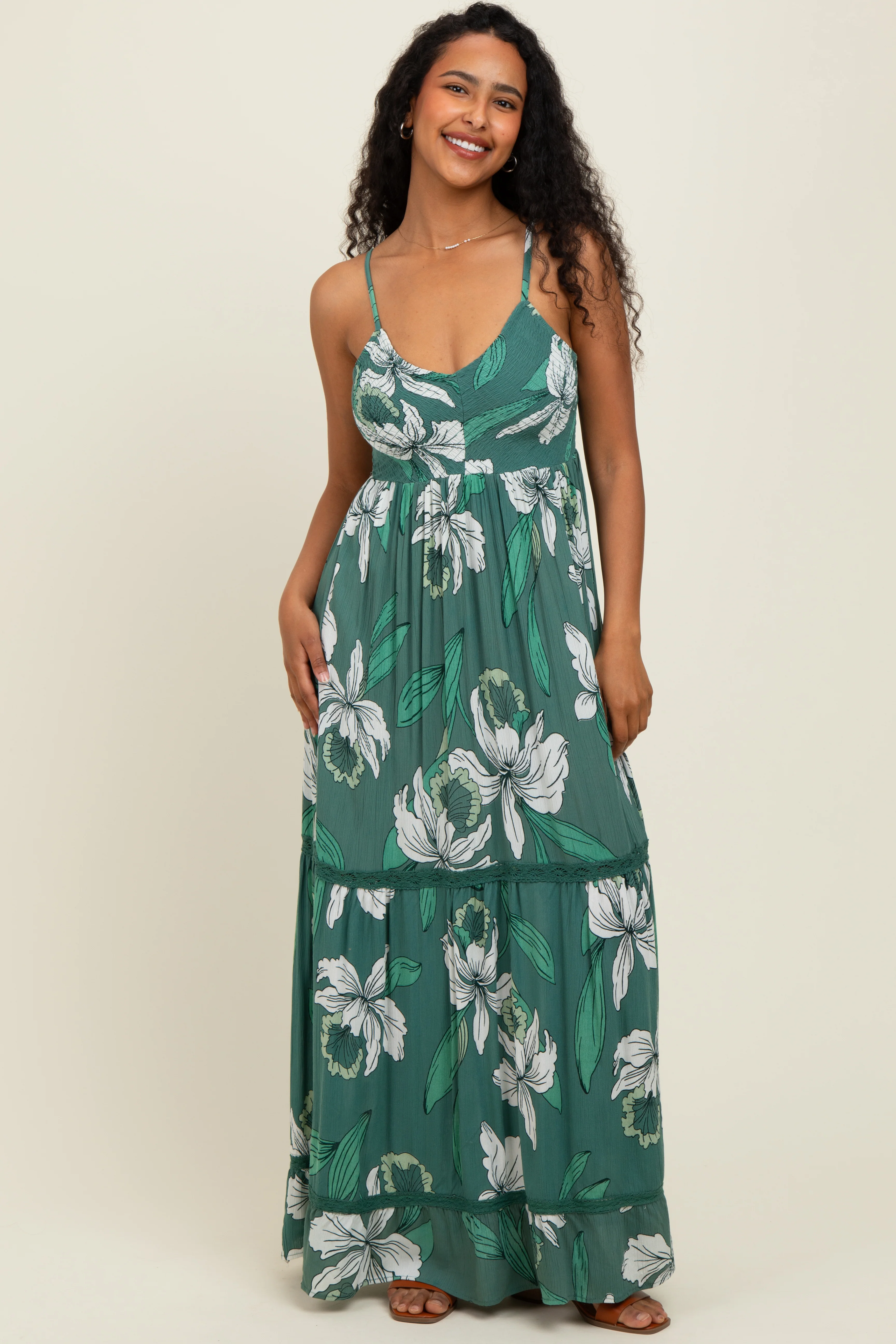 Green Floral V-Neck Smocked Lace Trim Maternity Maxi Dress - Image 4