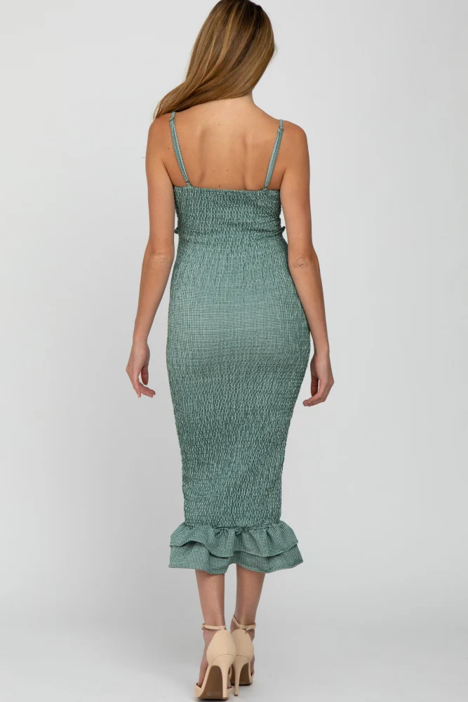 Green Gingham Print Smocked Fitted Self-Tie Maternity Midi Dress - Image 4