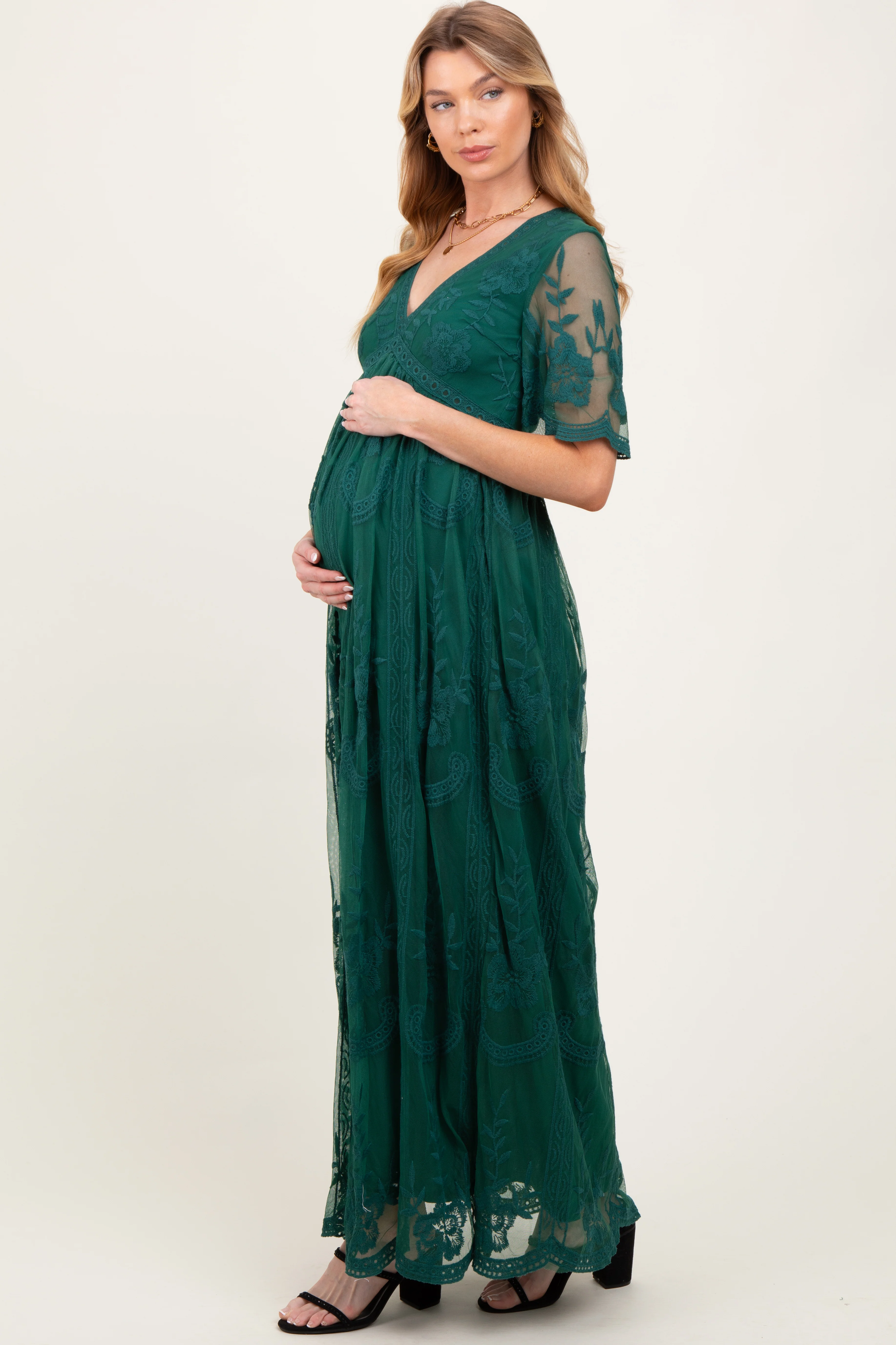 Green Lace Mesh Overlay Maternity Maxi Dress - Image 4