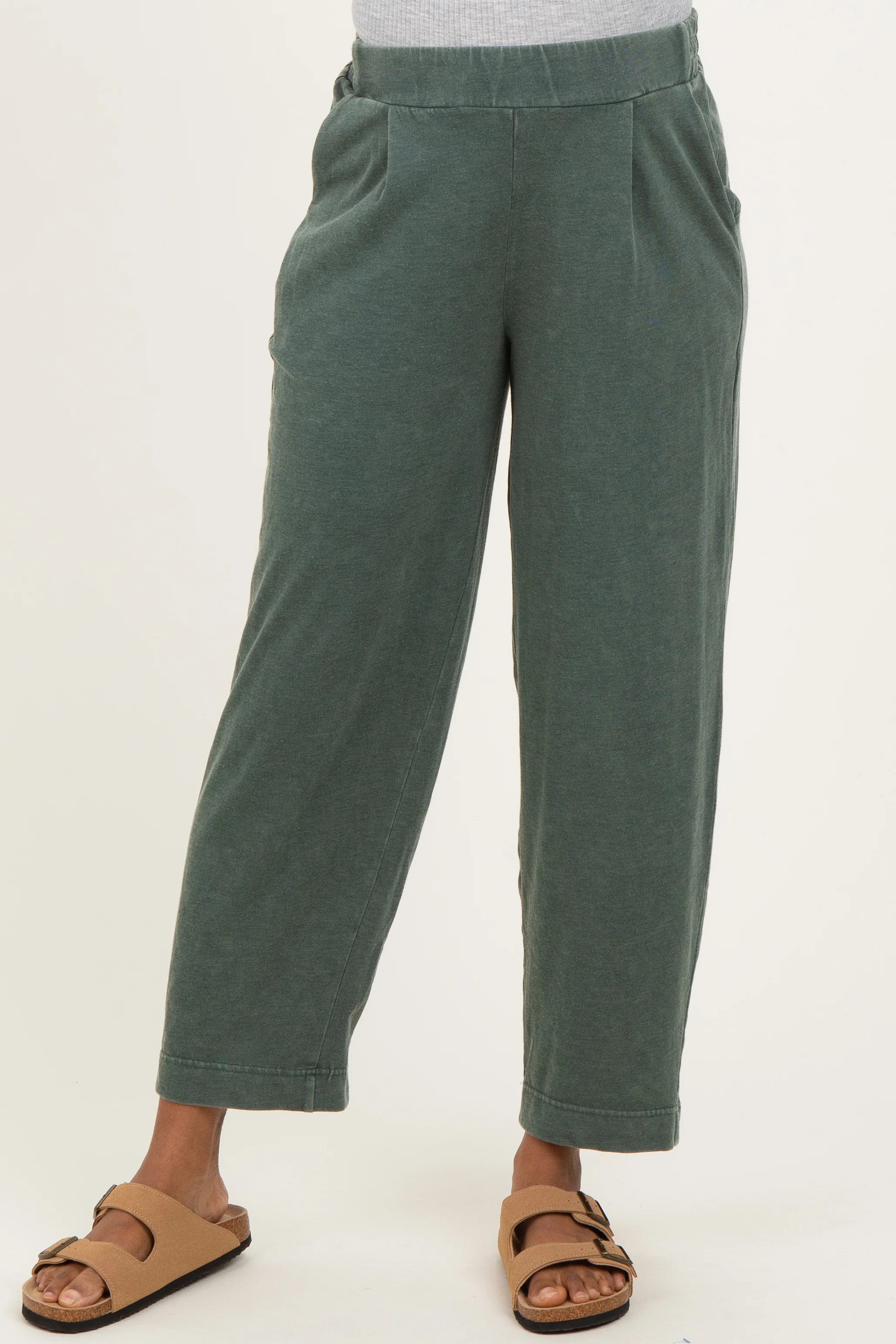 Green Mineral Wash Pleated Maternity Lounge Pants - Image 3