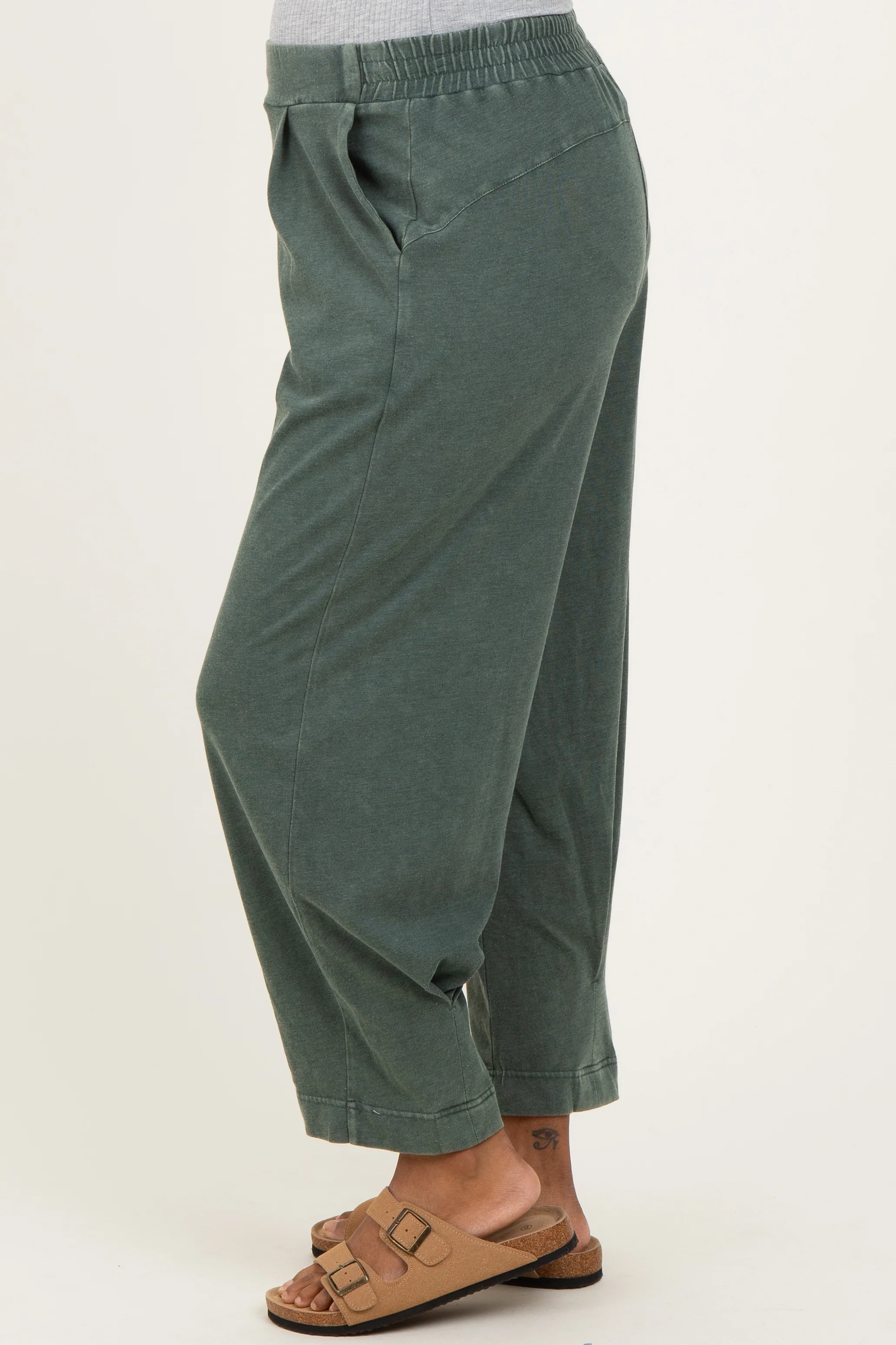 Green Mineral Wash Pleated Maternity Lounge Pants - Image 4