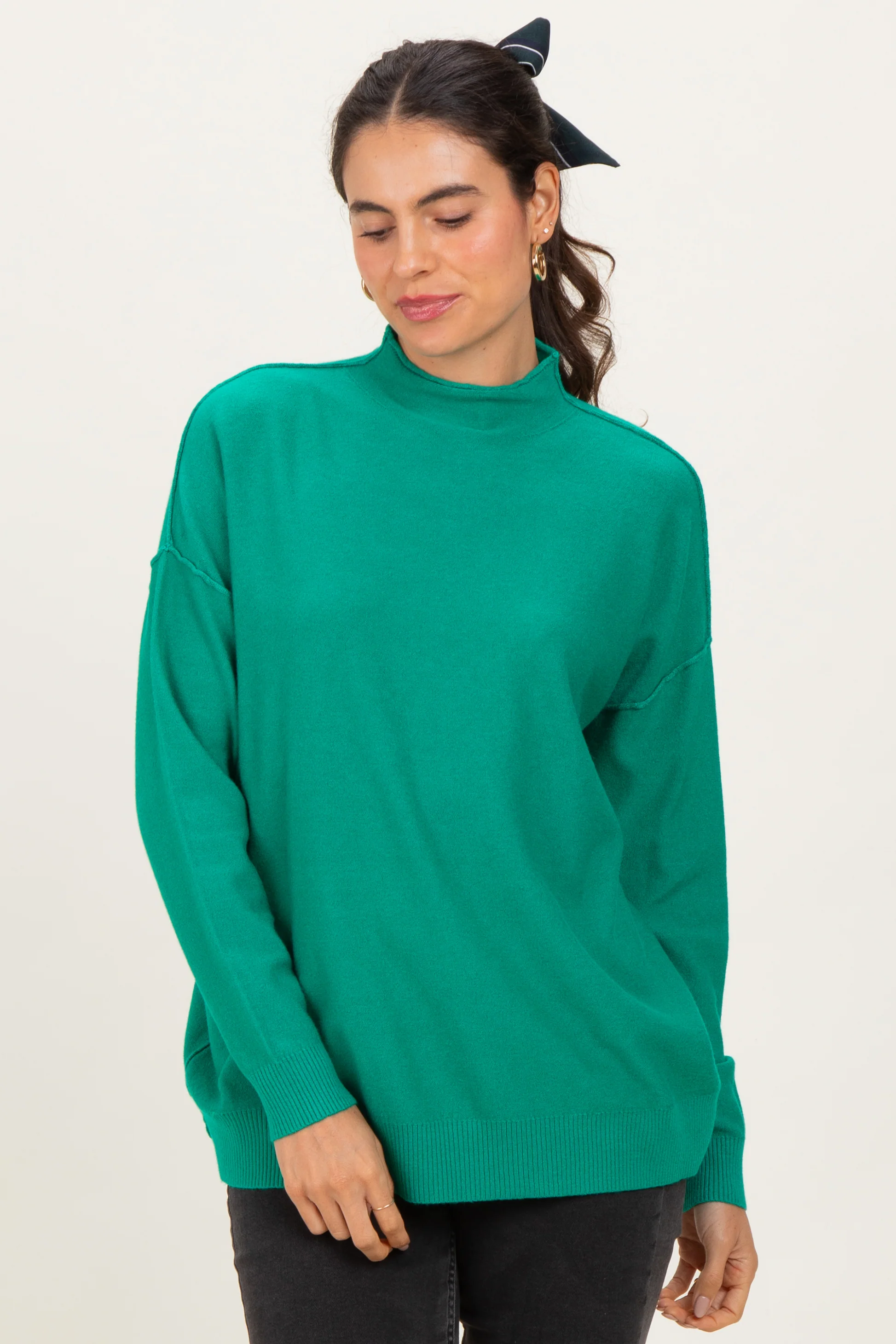 Green Mock Neck Exposed Seam Maternity Sweater - Image 5