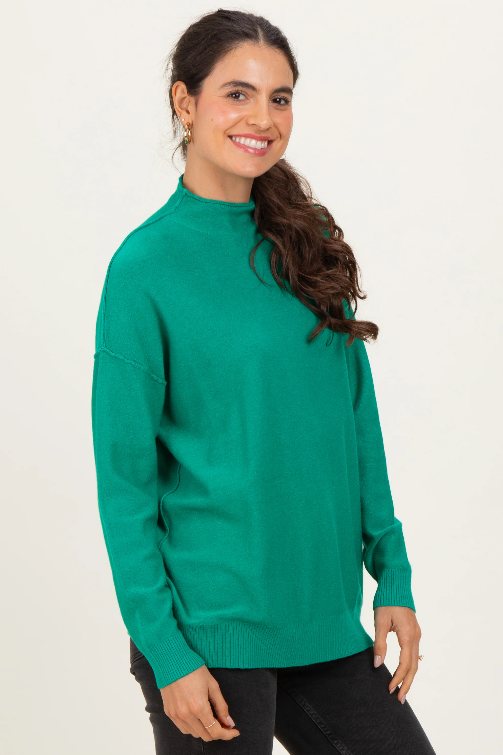 Green Mock Neck Exposed Seam Sweater - Image 3