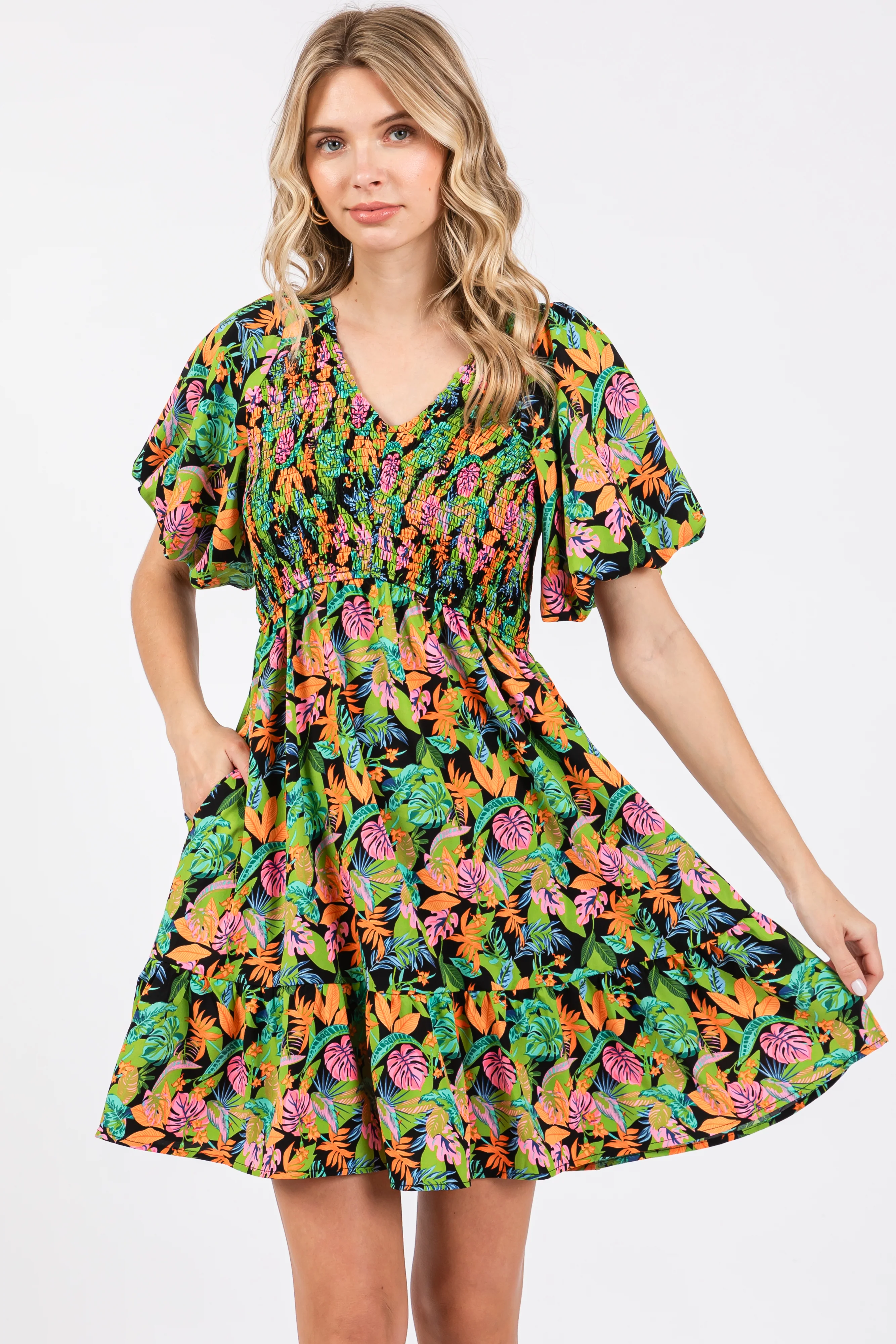 Green Multi-Color Tropical Print Ruffle Hem Dress - Image 3