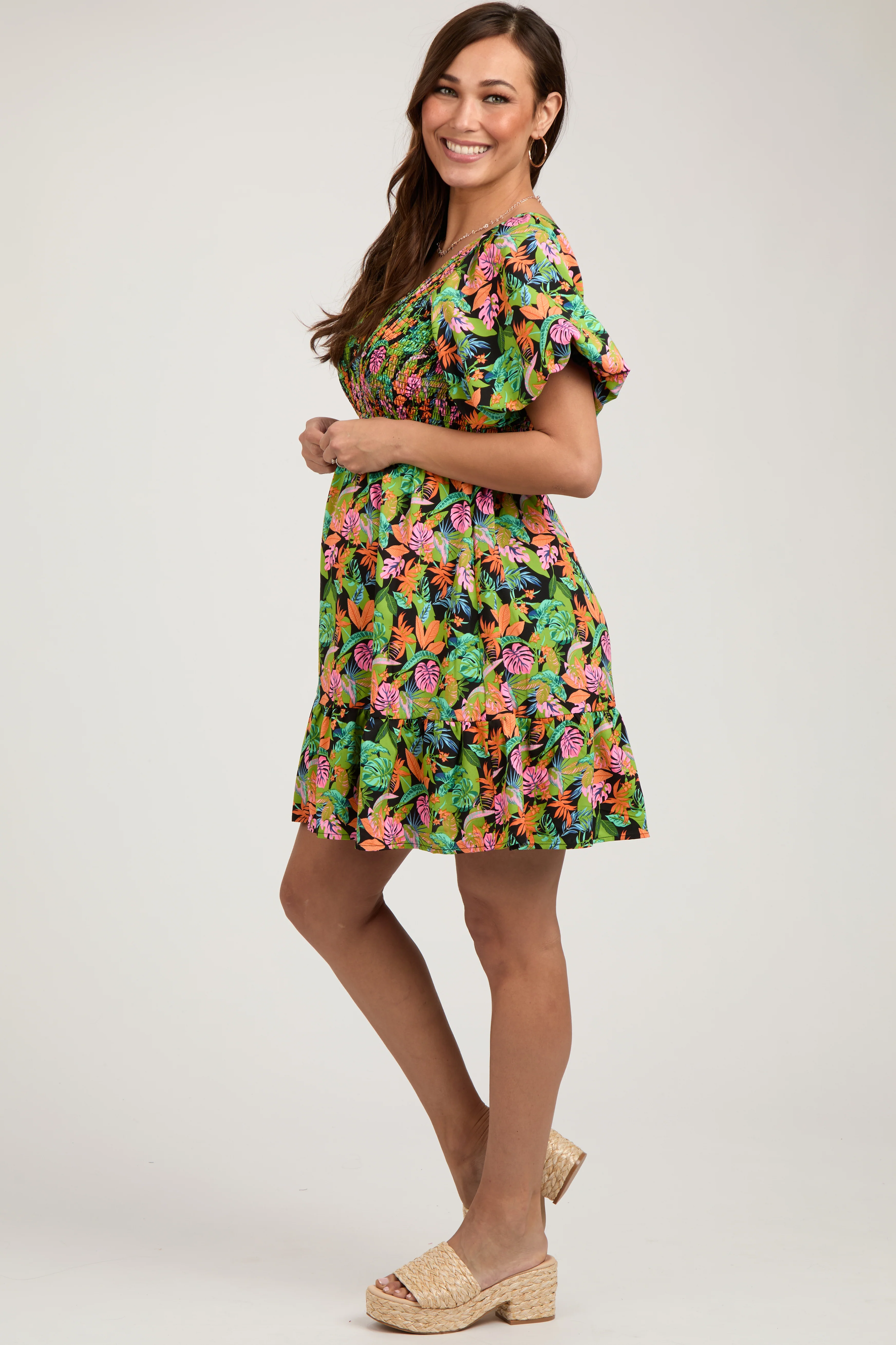 Green Multi-Color Tropical Print Ruffle Hem Maternity Dress - Image 3