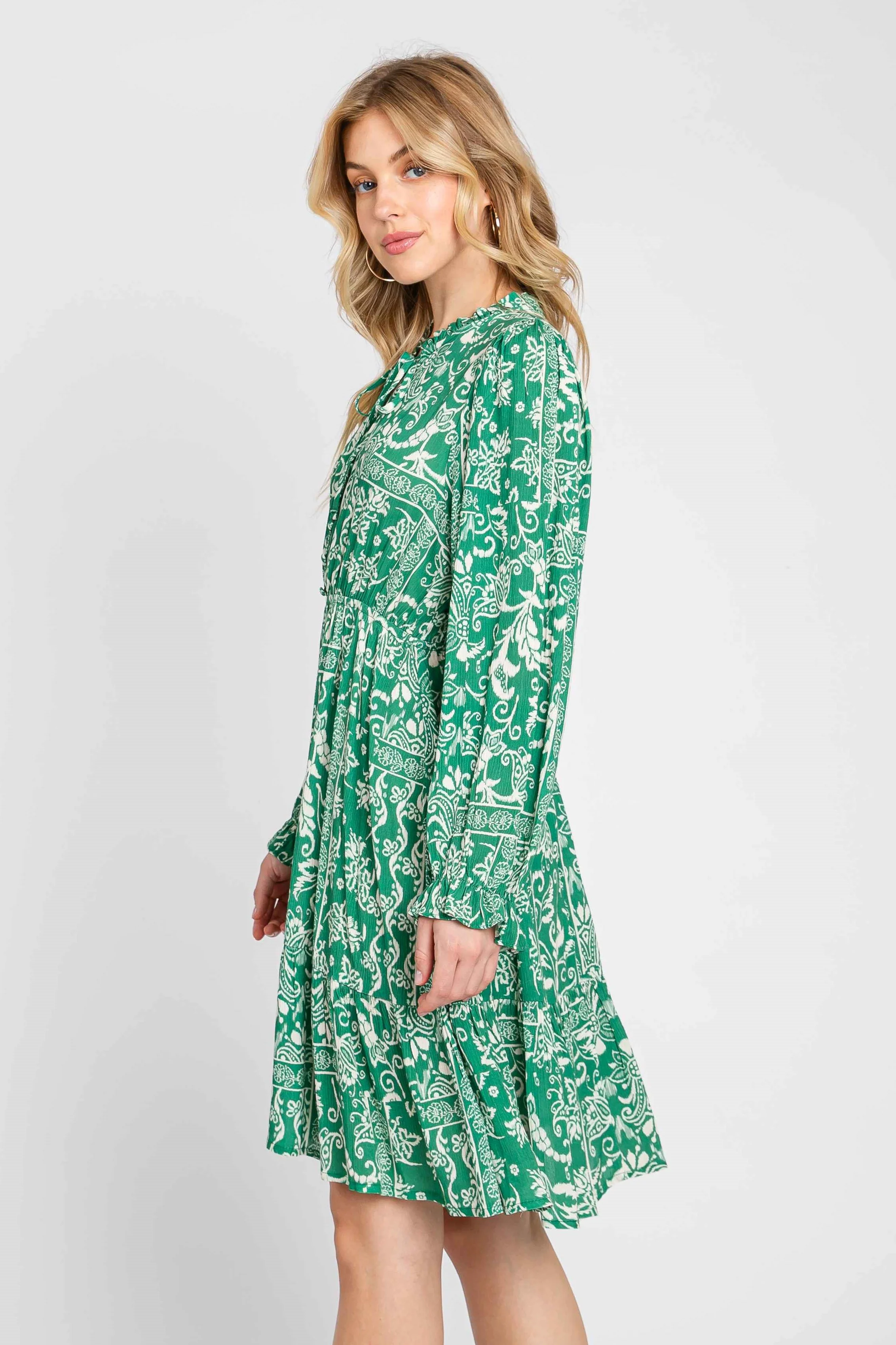 Green Paisley Floral Ruffle Neck Button Front Dress - Image 3