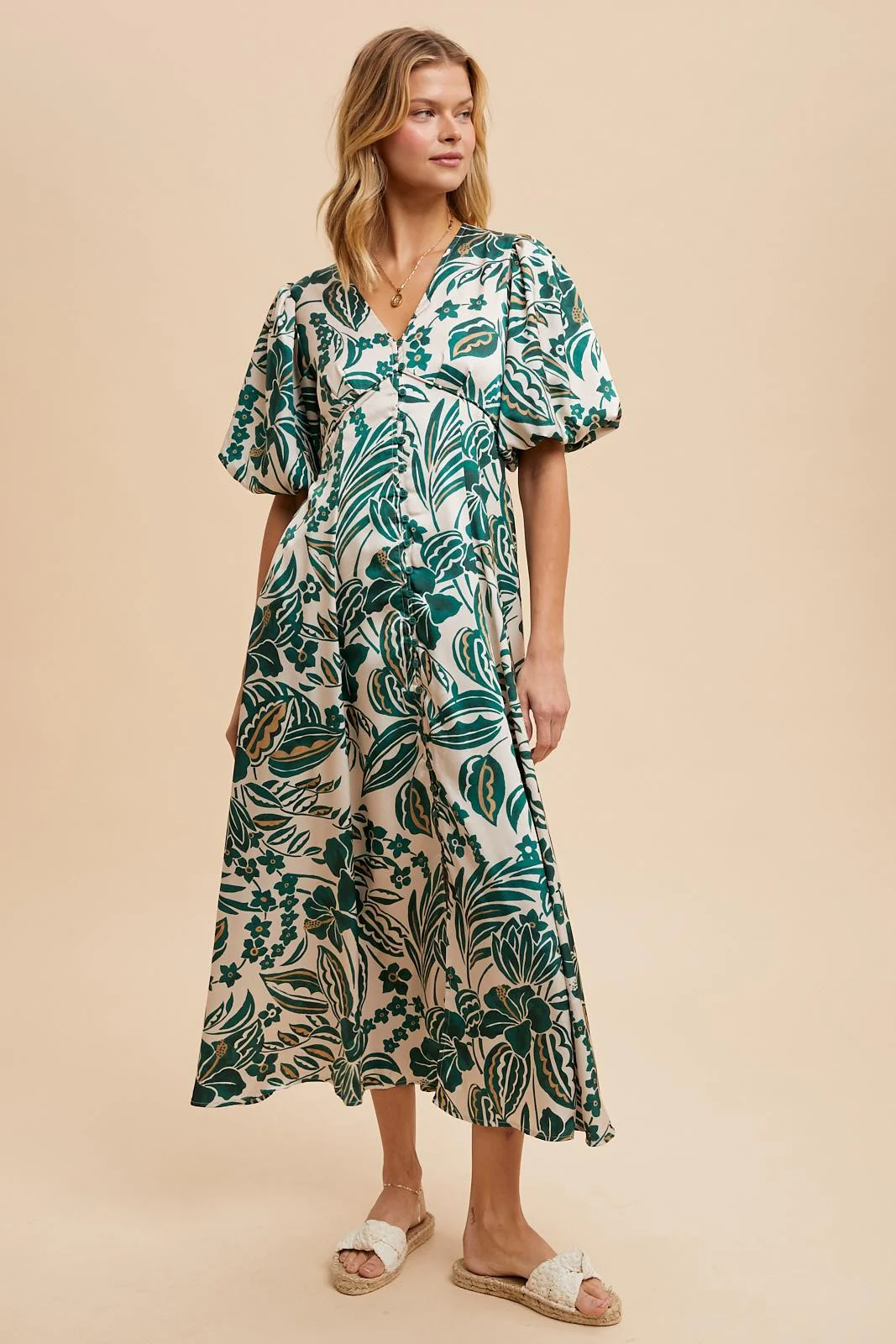 Green Palm Resort Print Satin Floral Button Maternity Maxi Dress - Image 5