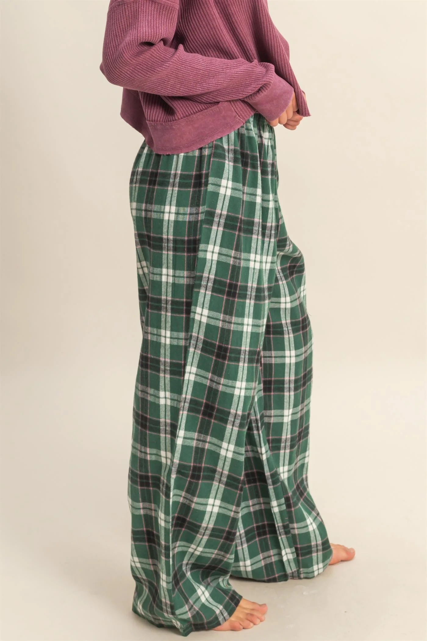 Green Plaid Wide Leg Lounge Pants - Image 3
