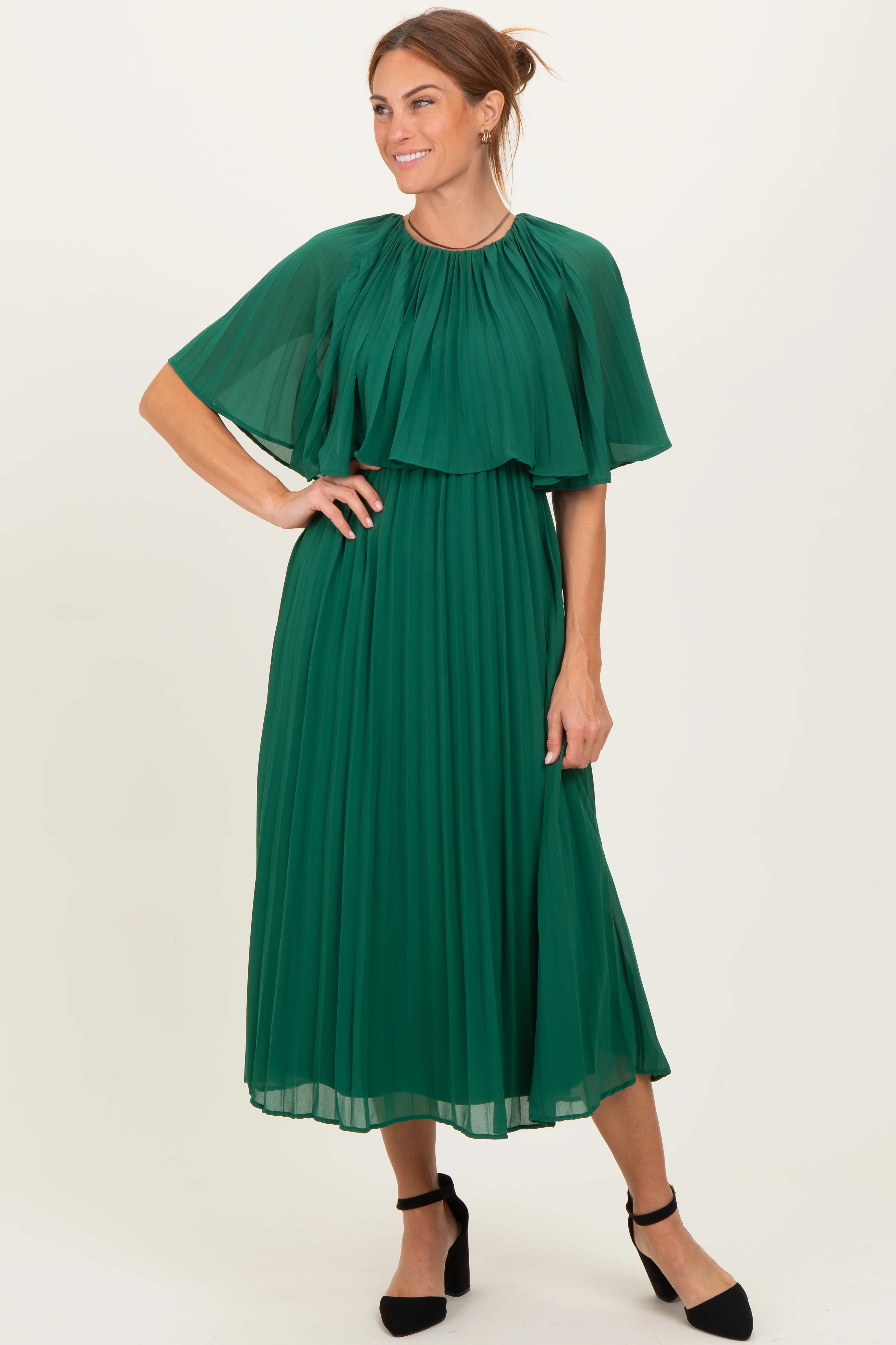 Green Pleated Cape Maternity Midi Dress - Image 5