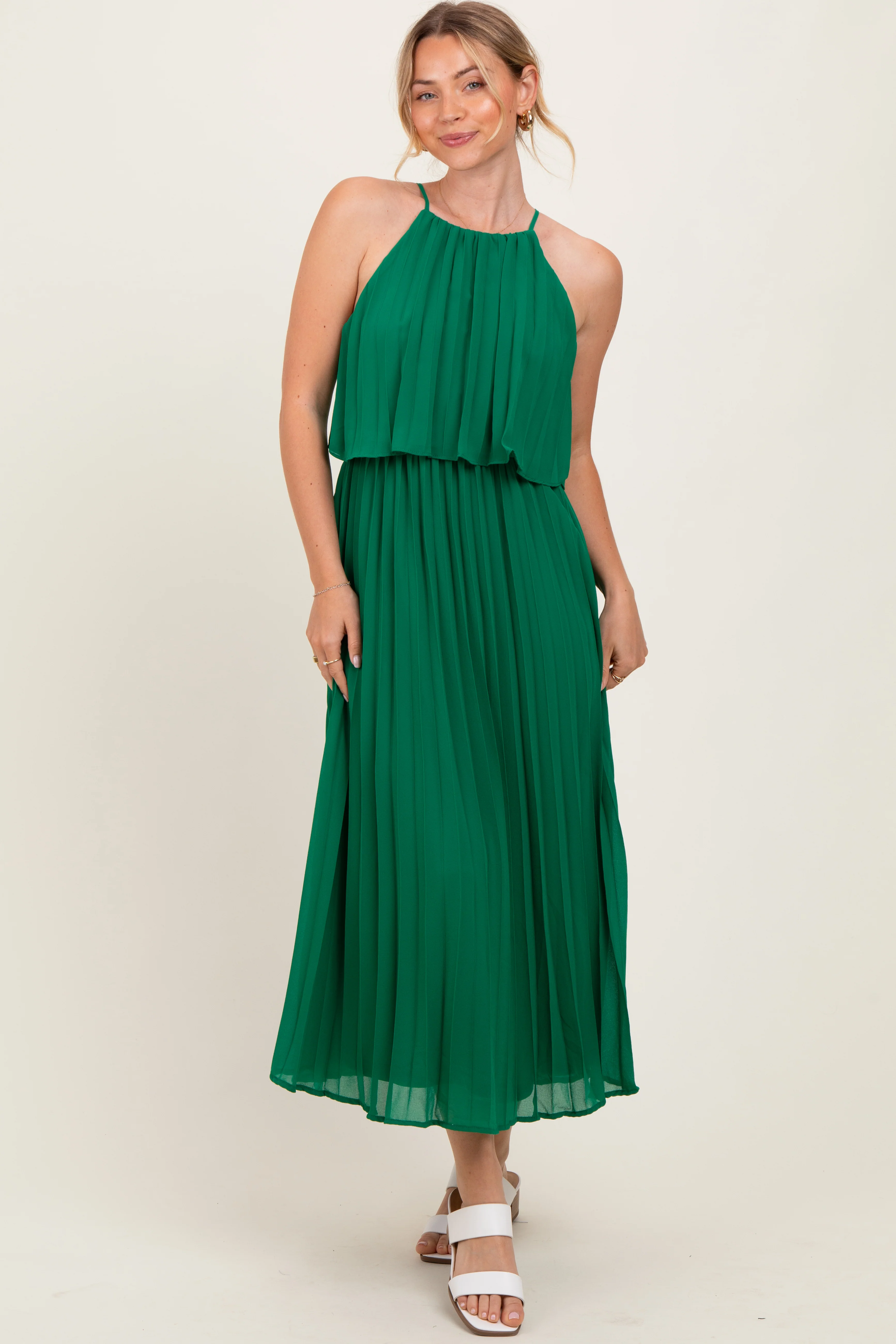 Green Pleated Woven Maternity Midi Dress - Image 4