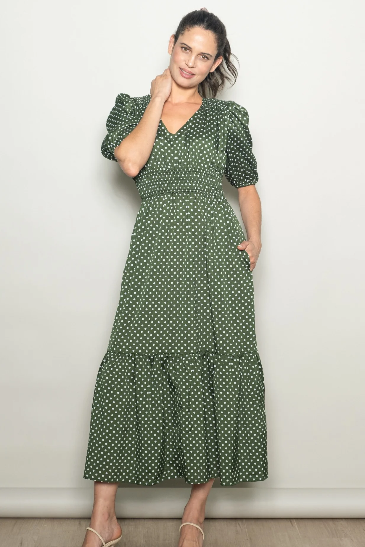 Green Polka Dots V Neck Flowy Dress - Image 2