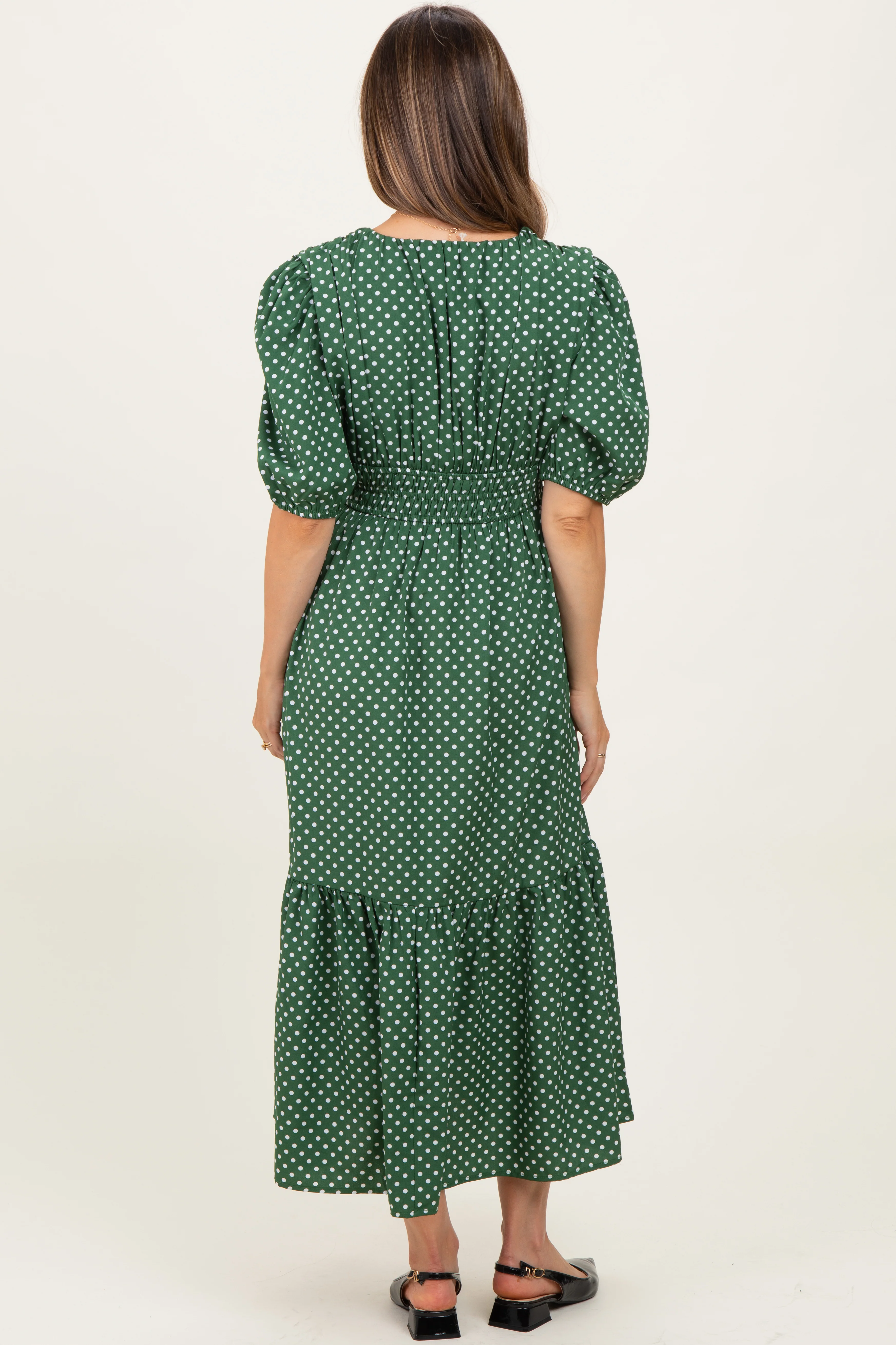Green Polka Dots V Neck Flowy Maternity Dress - Image 3