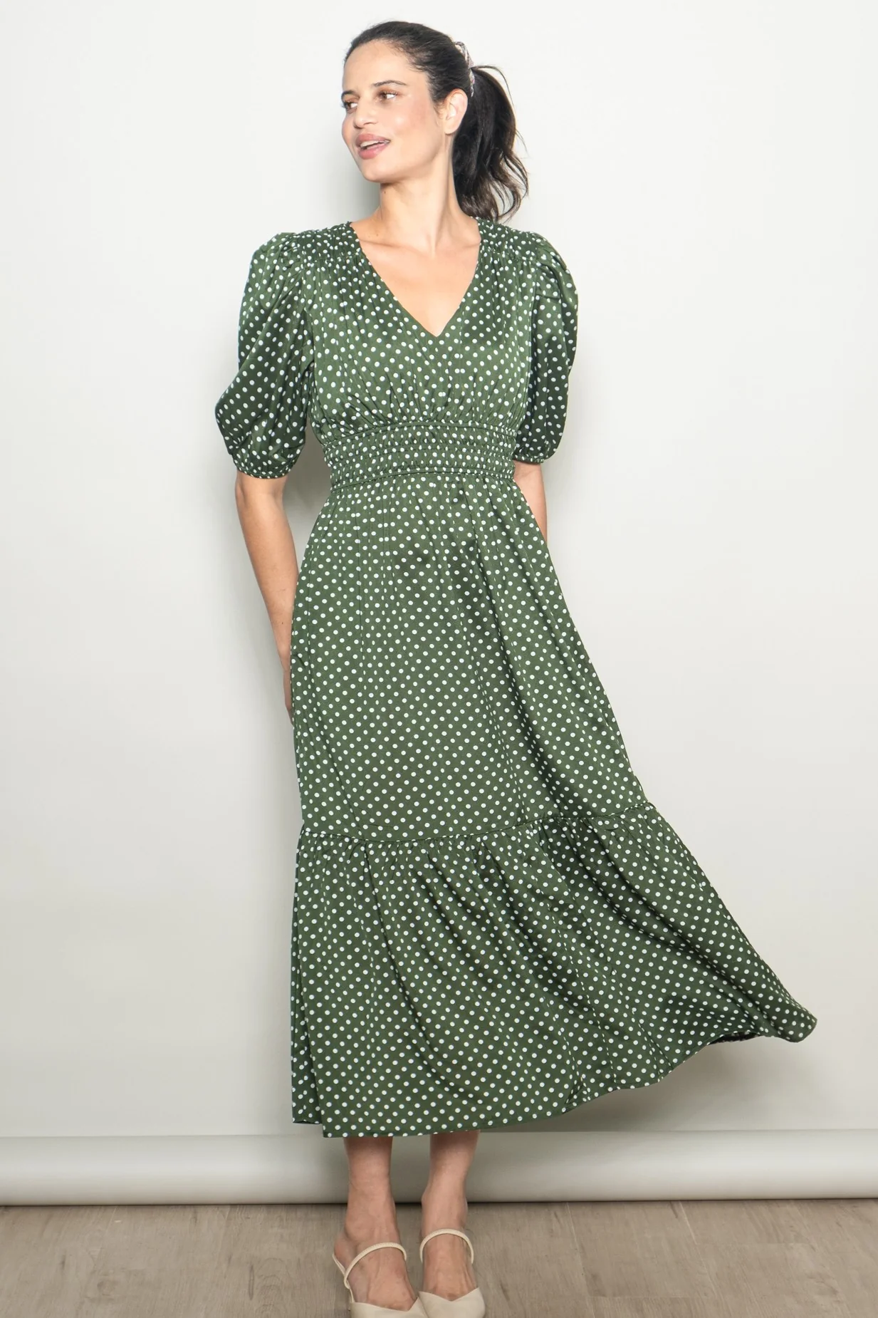 Green Polka Dots V Neck Flowy Maternity Dress - Image 4