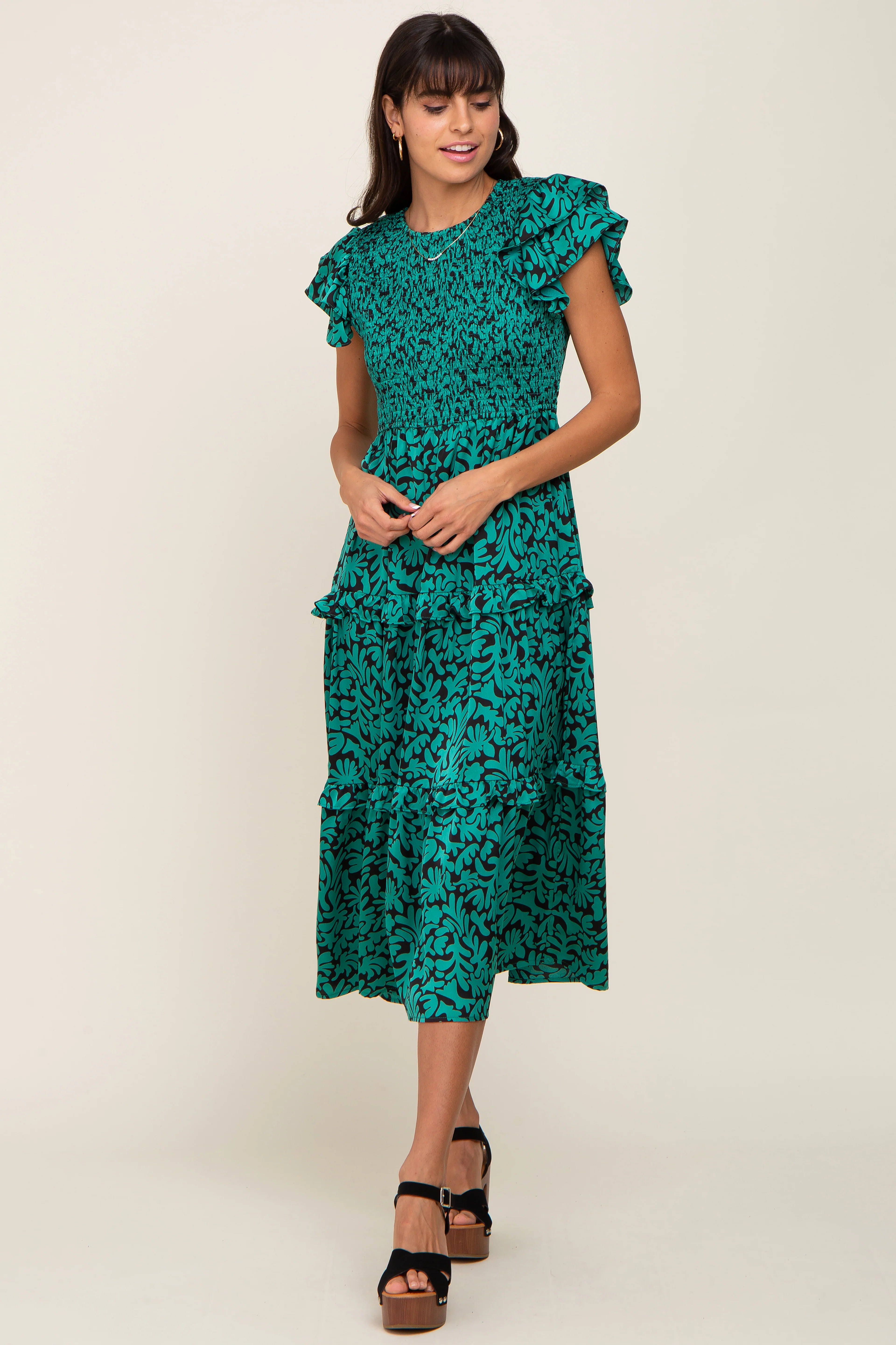Green Print Smocked Ruffle Tiered Maternity Midi Dress - Image 6