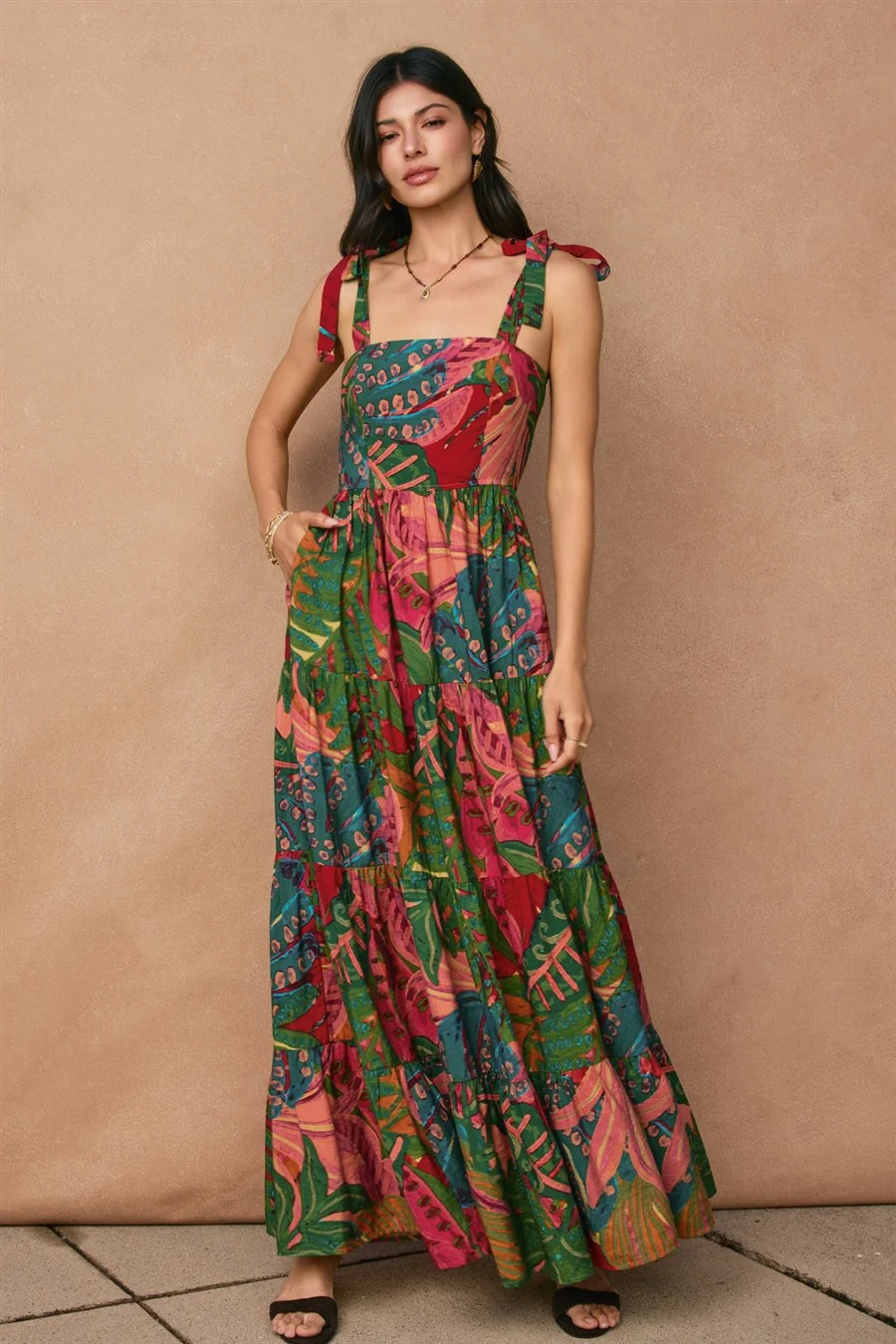 Green Printed Shoulder Tie Tiered Maternity Maxi Dress - Image 5